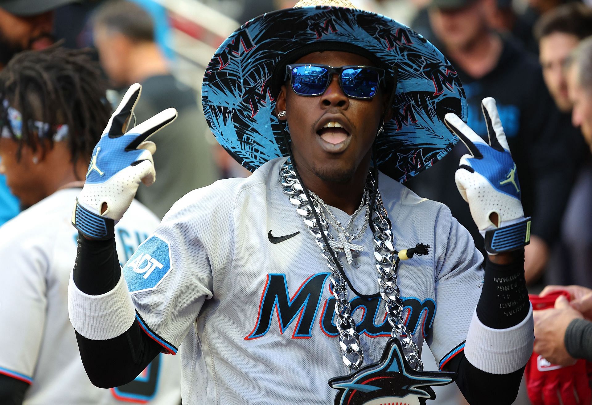Jazz Chisholm Jr. of the Miami Marlins celebrates after hitting a solo homer.