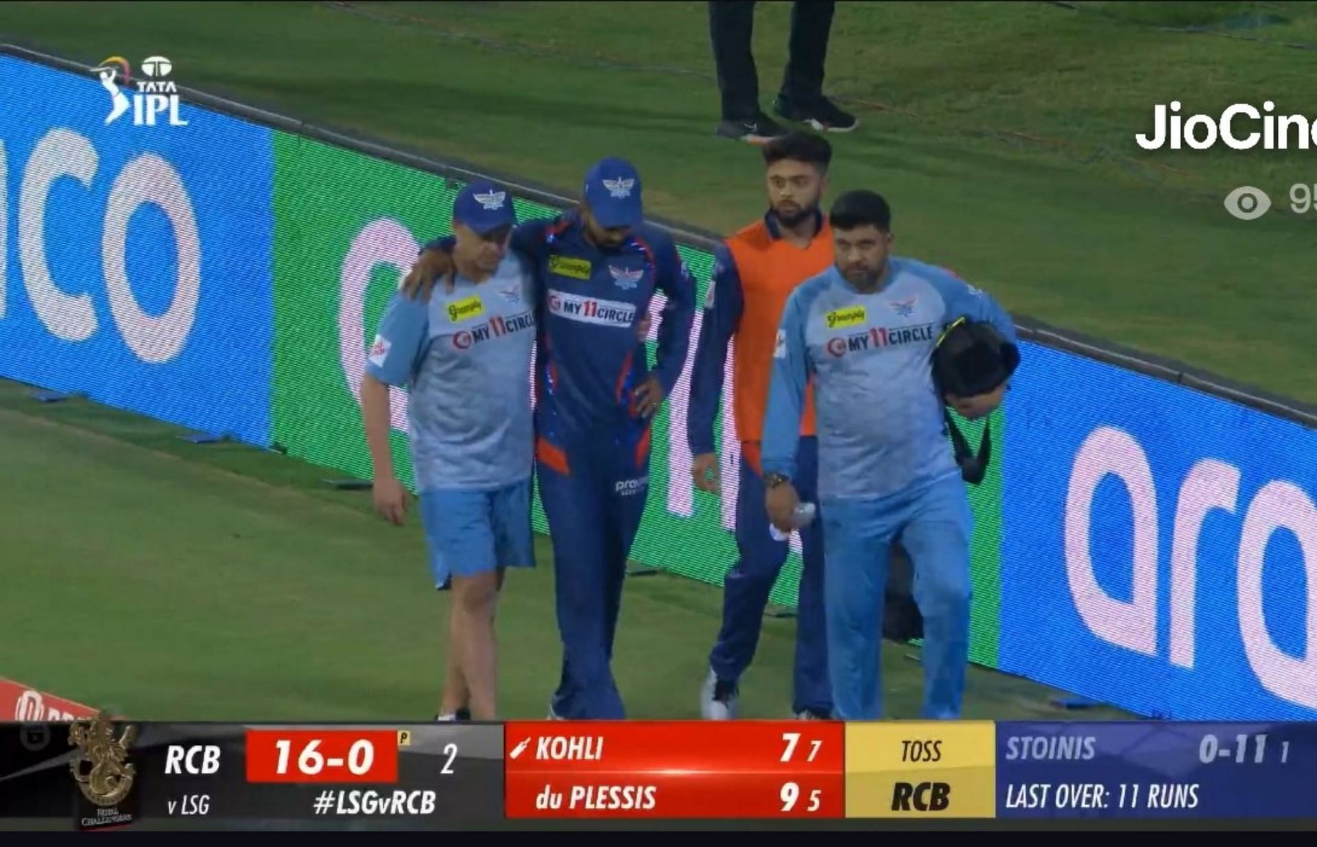 KL Rahul limping off the park after suffering a leg injury on Monday. 