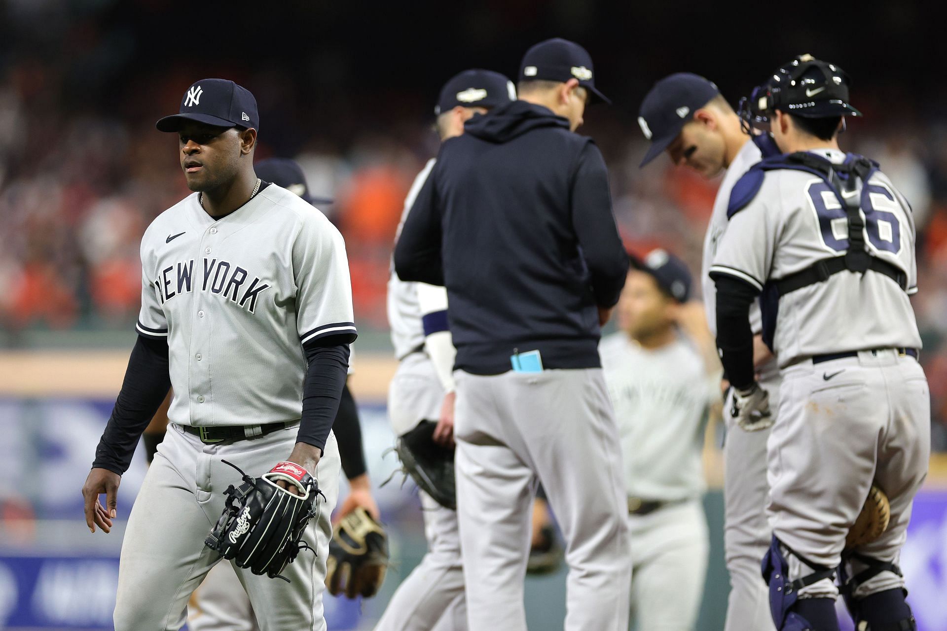 Luis Severino on the New York Yankees is removed in game two of the ALCS against the Houston Astros at Minute Maid Park