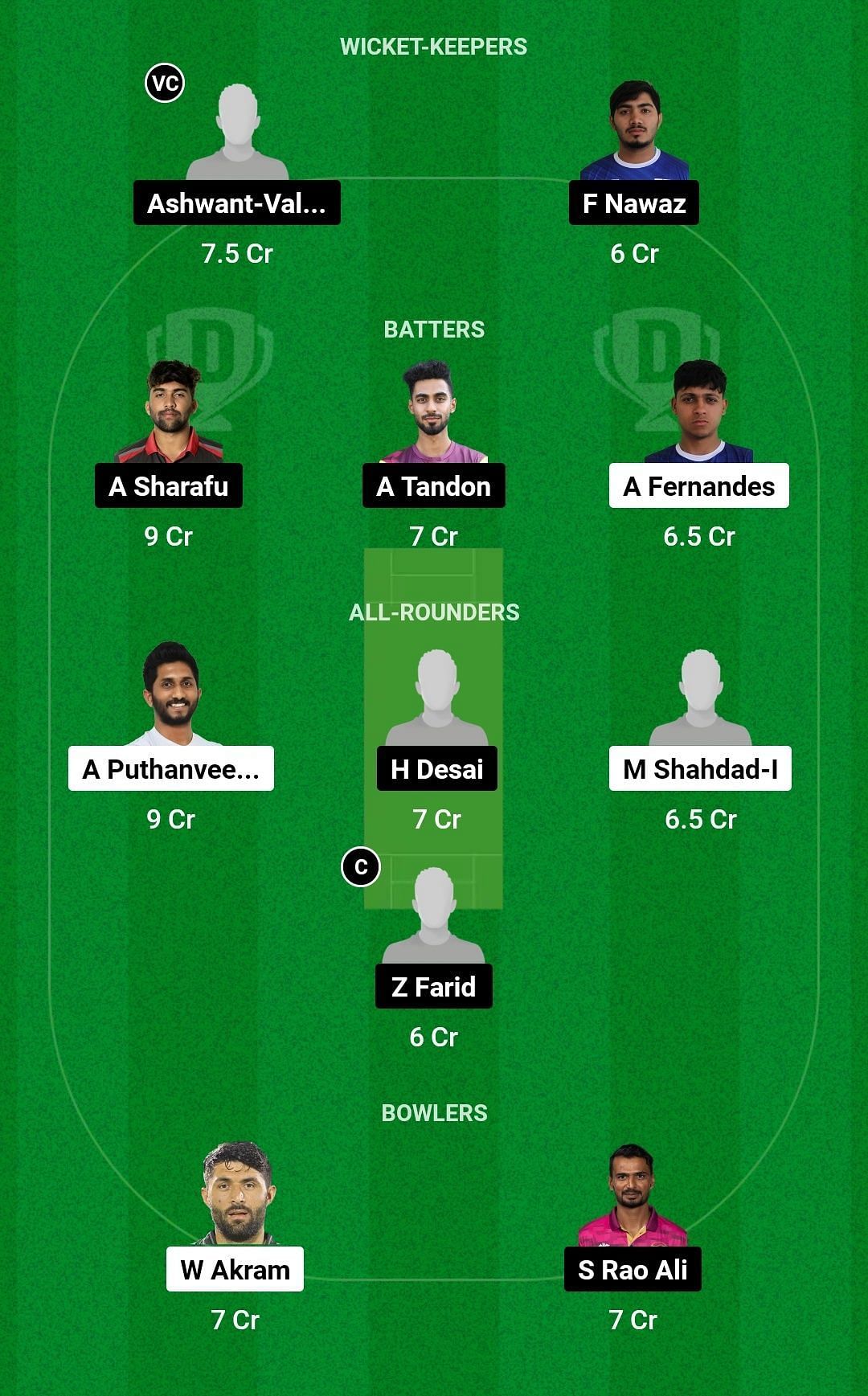 Dream11 Team for Emirates Red vs Emirates Blues - Emirates D10 2023.