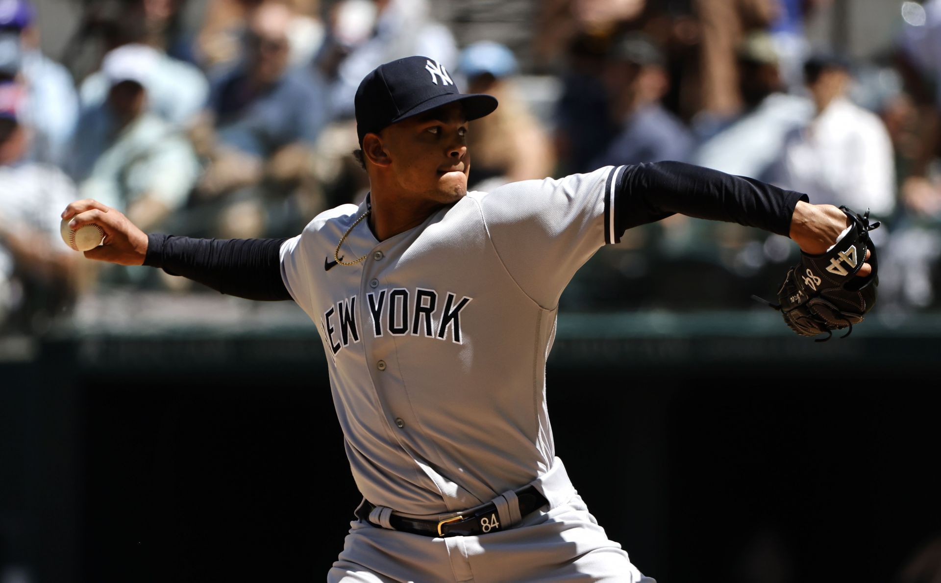 Albert Abreu #84 of the New York Yankees pitches against the Texas Rangers