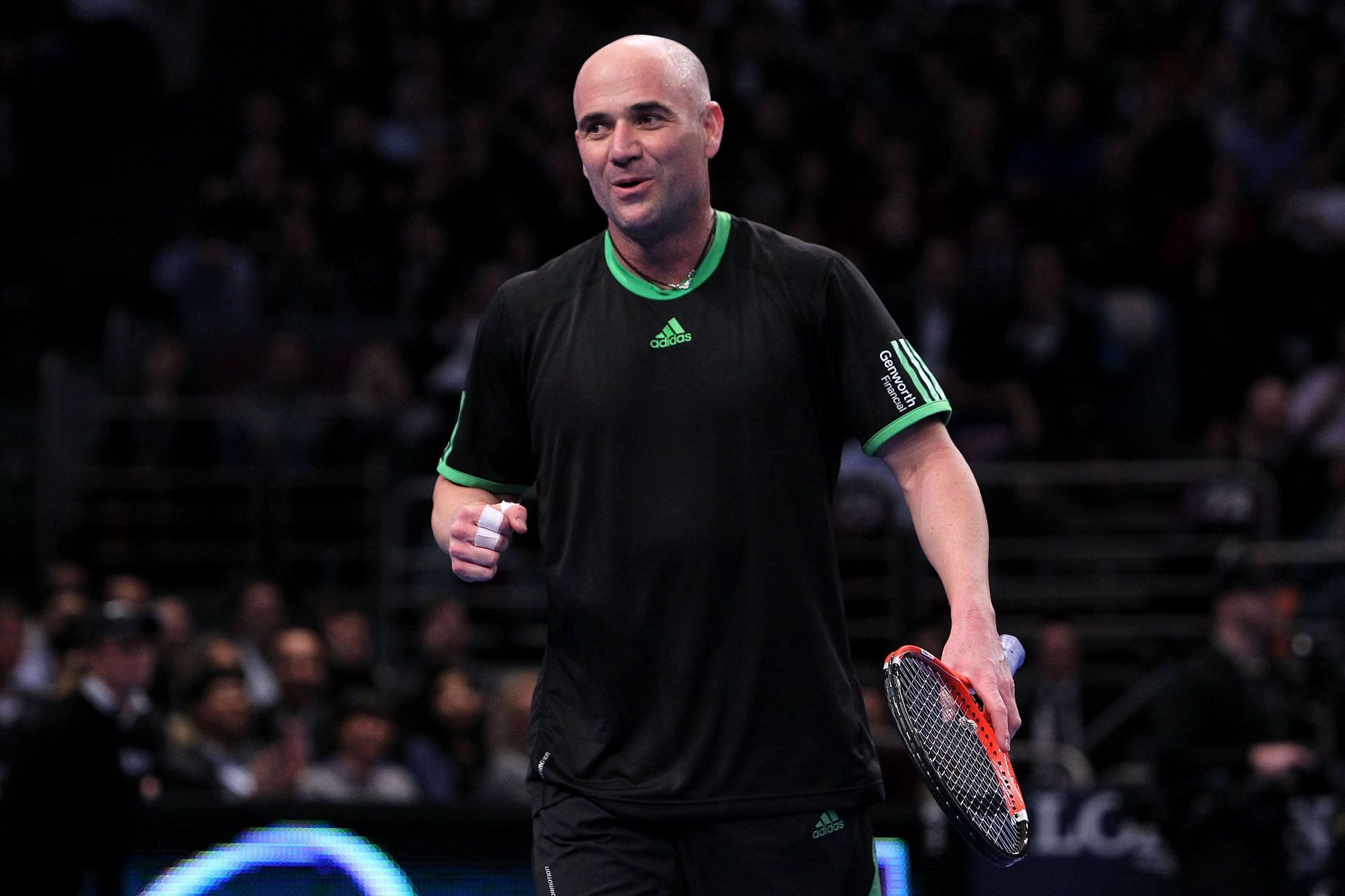 Andre Agassi during an exhibition match against Pete Sampras