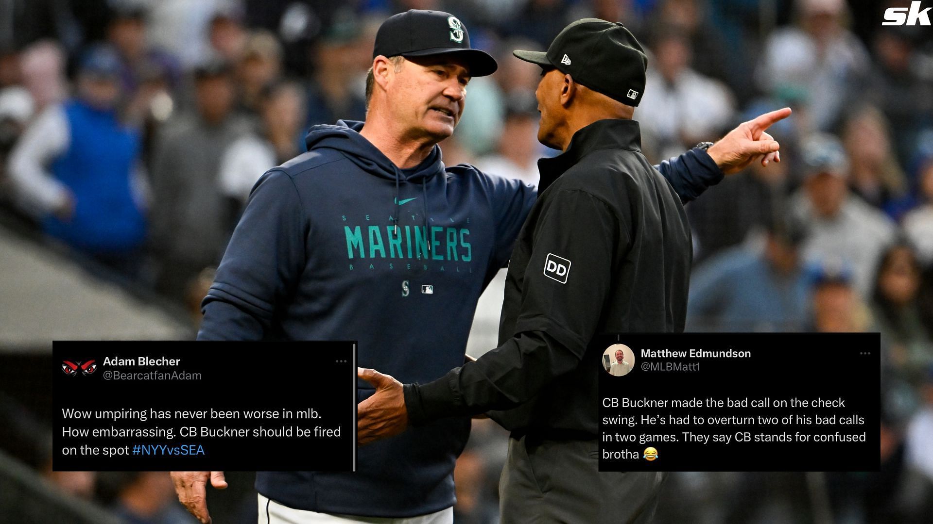 Manager Scott Servais of the Seattle Mariners gets in the face of umpire CB Bucknor during the sixth inning against the New York Yankees