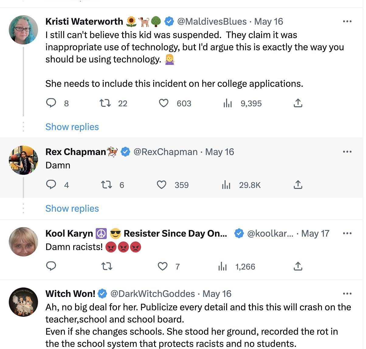 Social media users shower support on the teen who used her mobile to record the racial slurs being passed by the teacher (Image via Twitter)