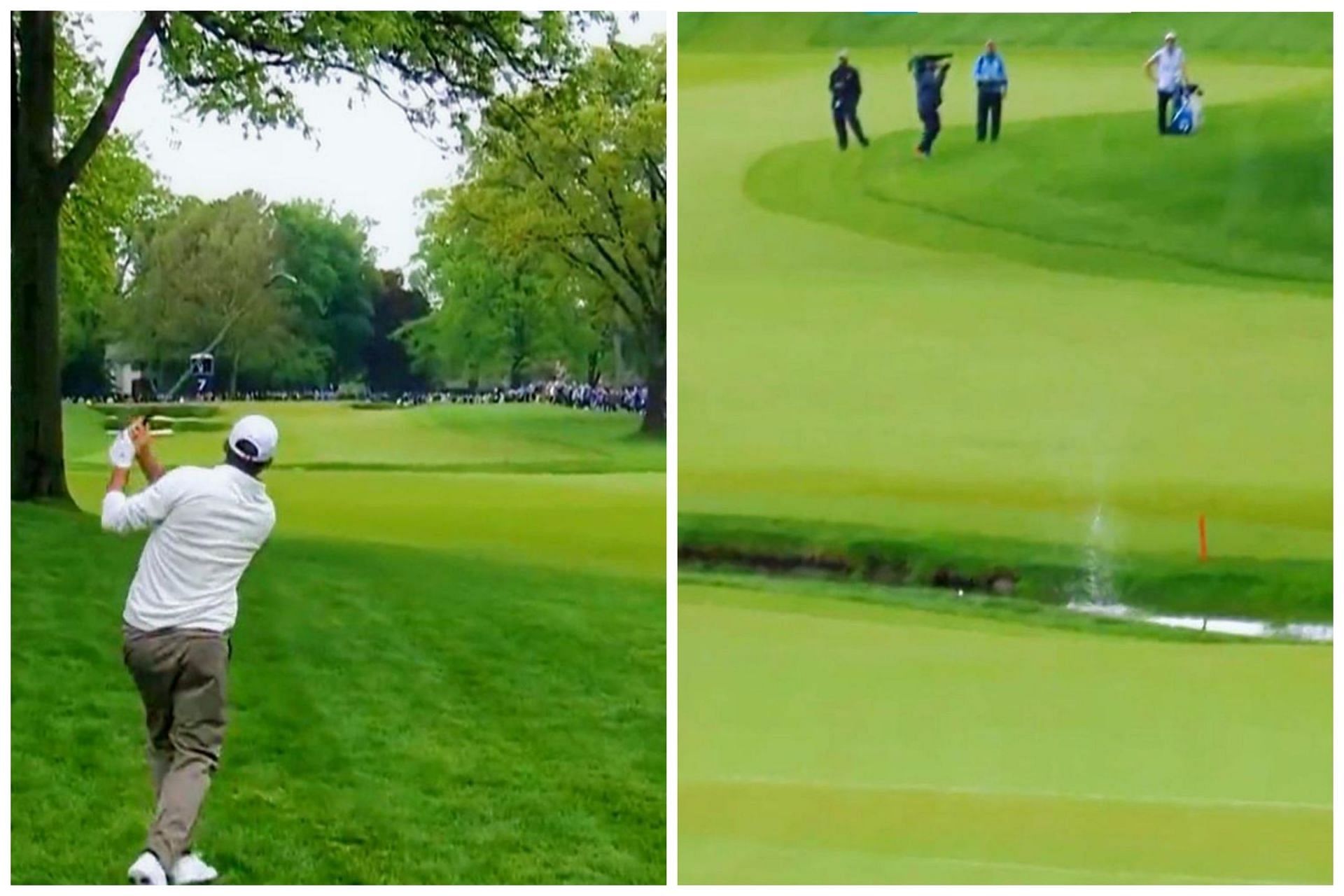 Scottie Scheffler slips across the Allen Creek on the seventh hole