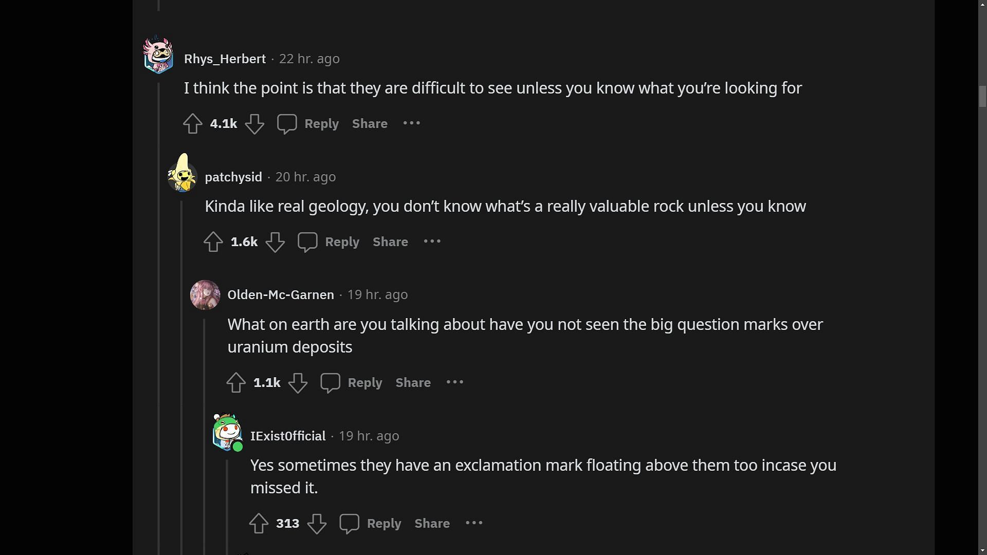Redditors sarcastically joking about real-life rocks having huge question marks. (Image via Sportskeeda)