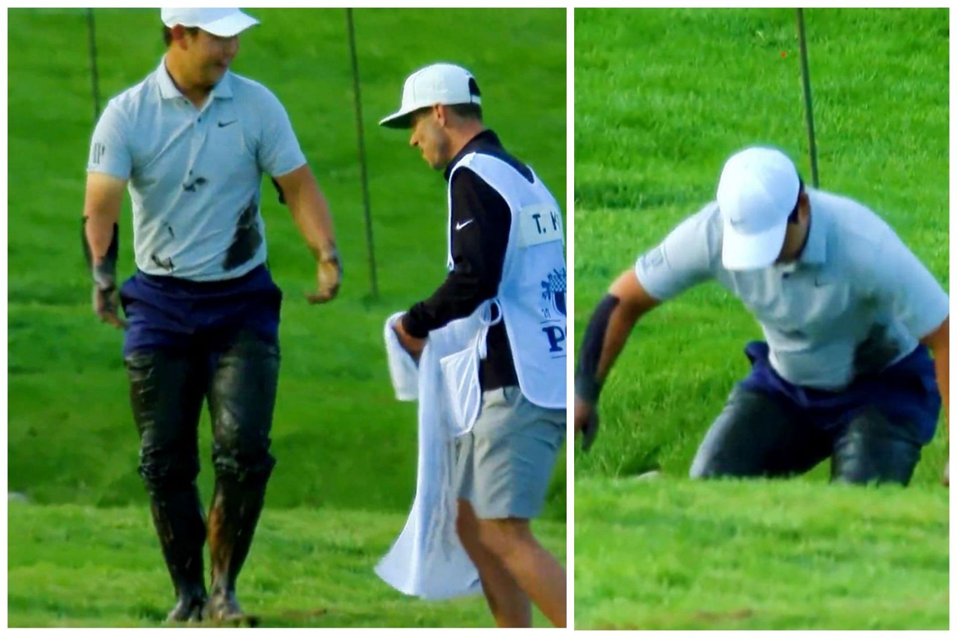 Tom Kim was covered in the mud after he sank in the Allen Creek to find his ball