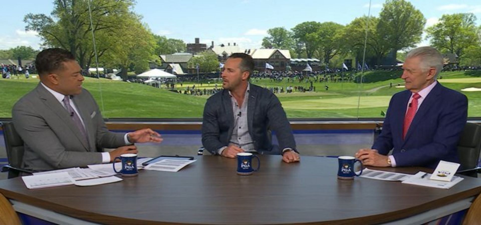 Andy North (right) broadcasting the 2023 PGA Championship (Image via Twitter @AndyHallESPN).