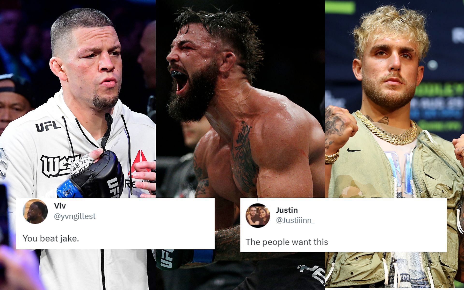 Nate Diaz (Left), Mike Perry (Middle), and Jake Paul (Right)