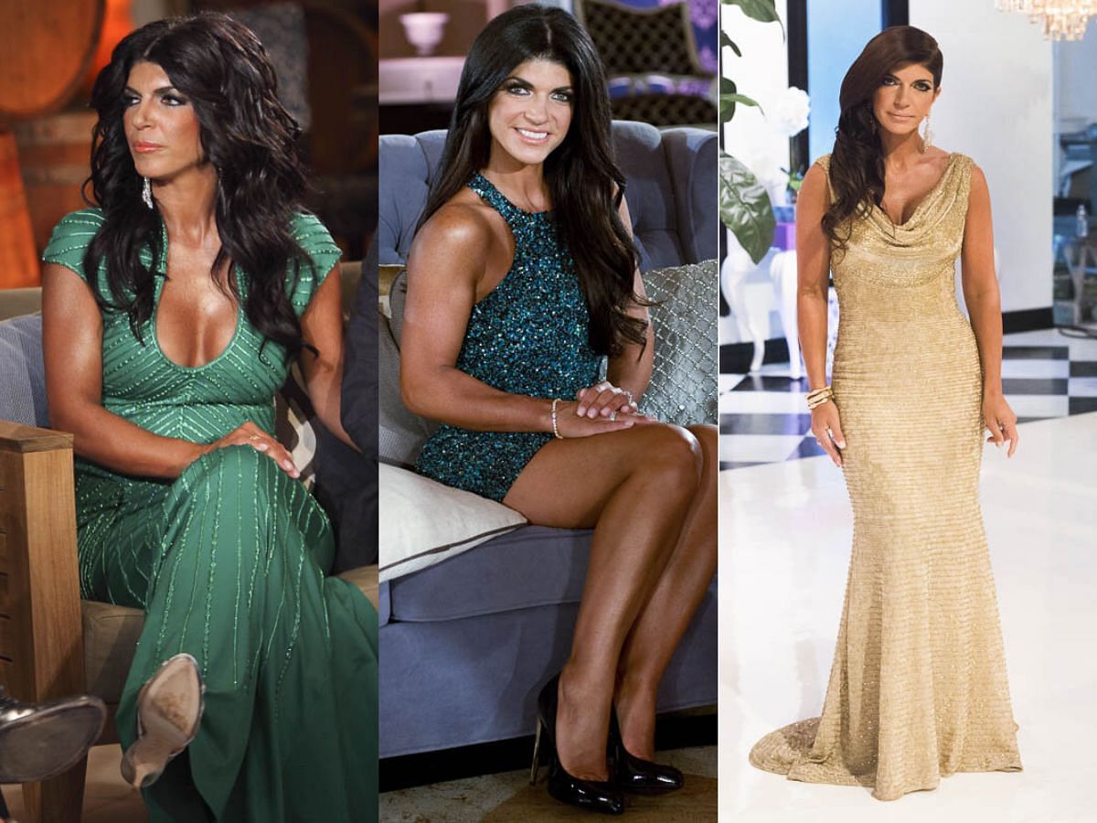Teresa&#039;s reunion looks for season 4, 5 and 6 respectively (Images via Bravo)