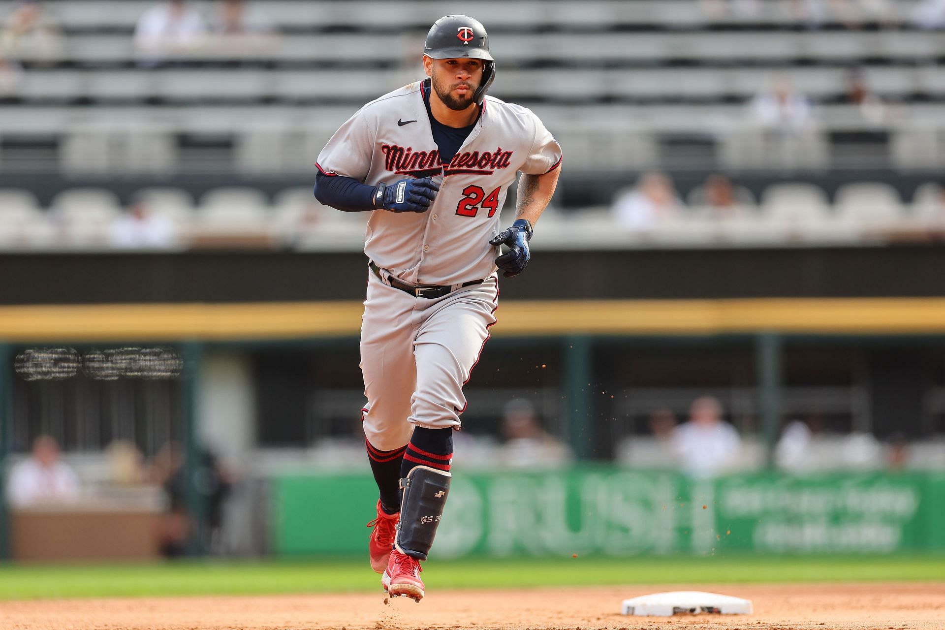 Gary Sanchez of the Minnesota Twins rounds the bases after hitting a three-run home run.