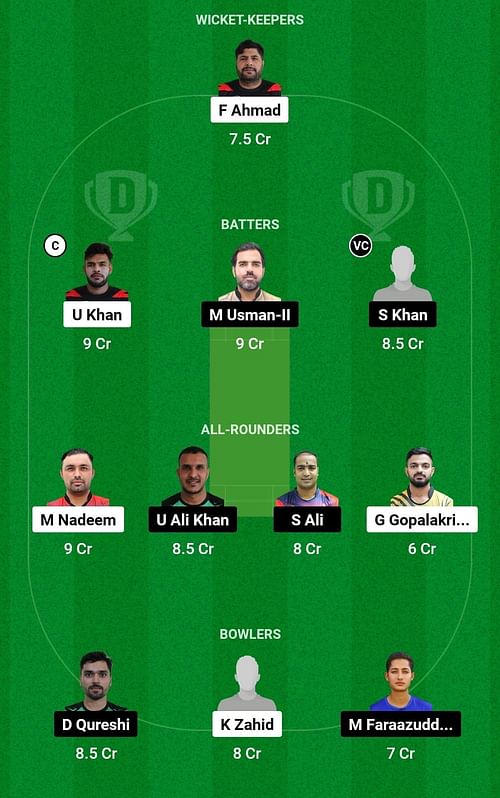 Dream11 Team for Sharjah vs Fujairah - Emirates D10 2023.