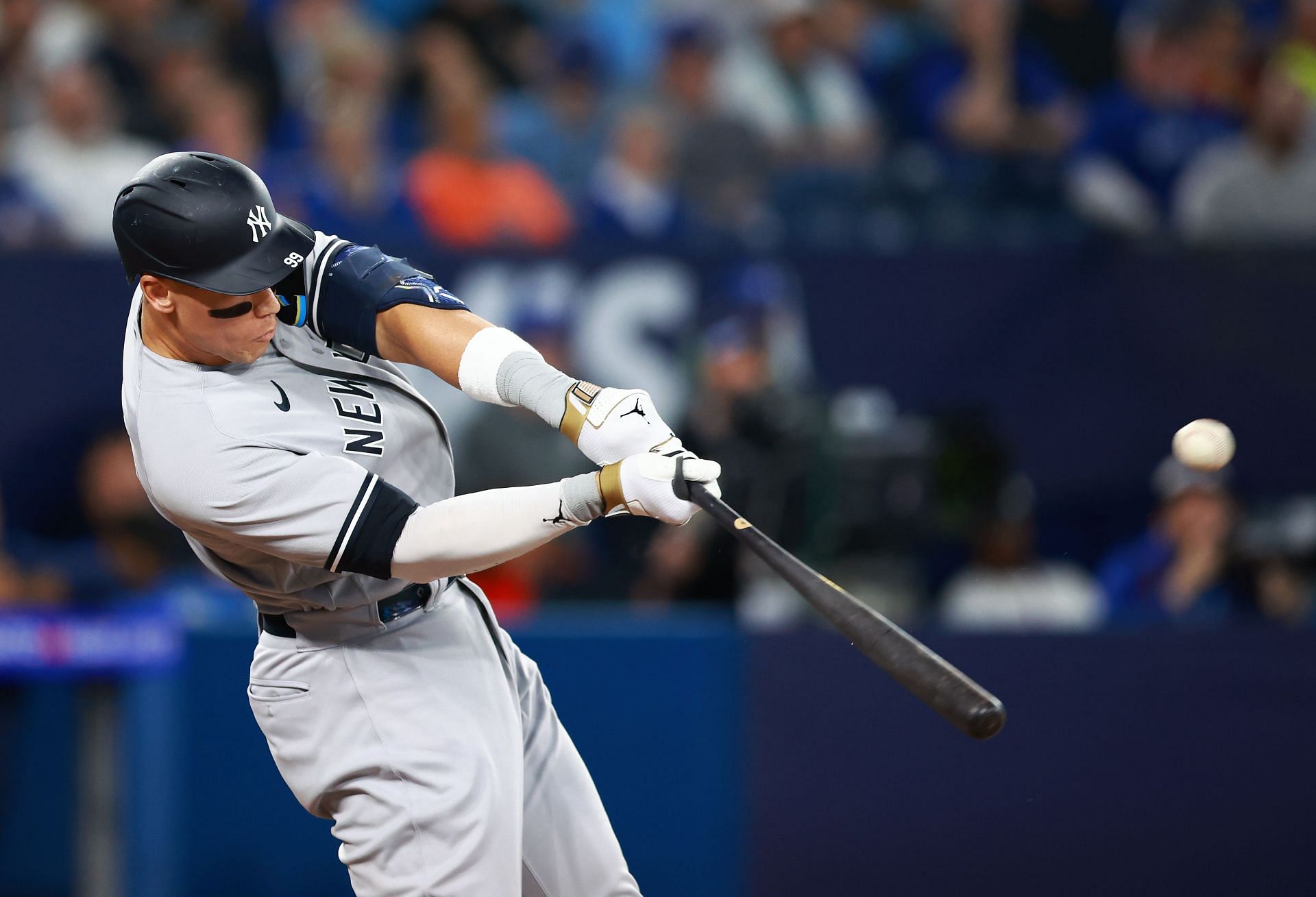 Aaron Judge of the New York Yankees hits a home run against the Toronto Blue Jays at Rogers Centre