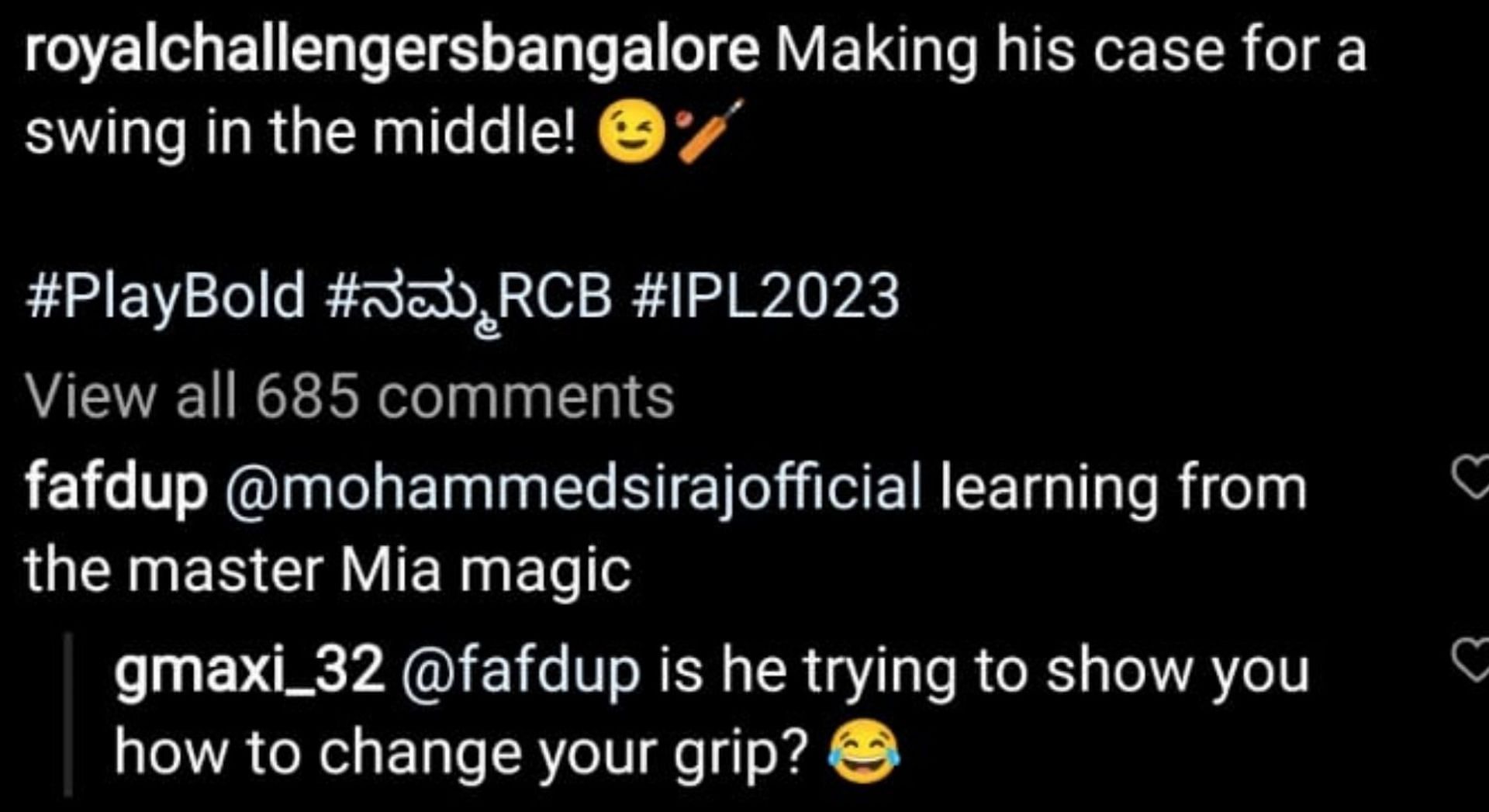 Faf du Plessis and Glenn Maxwell&#039;s comments to RCB&#039;s Instagram post.
