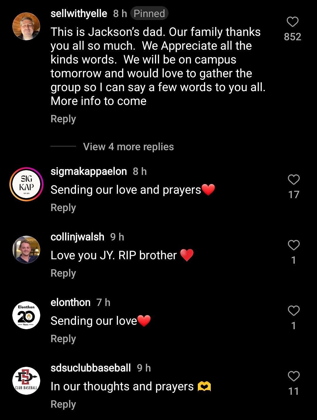 Netizens pay tribute to the university student (Image via elon_clubbaseball/Instagram)