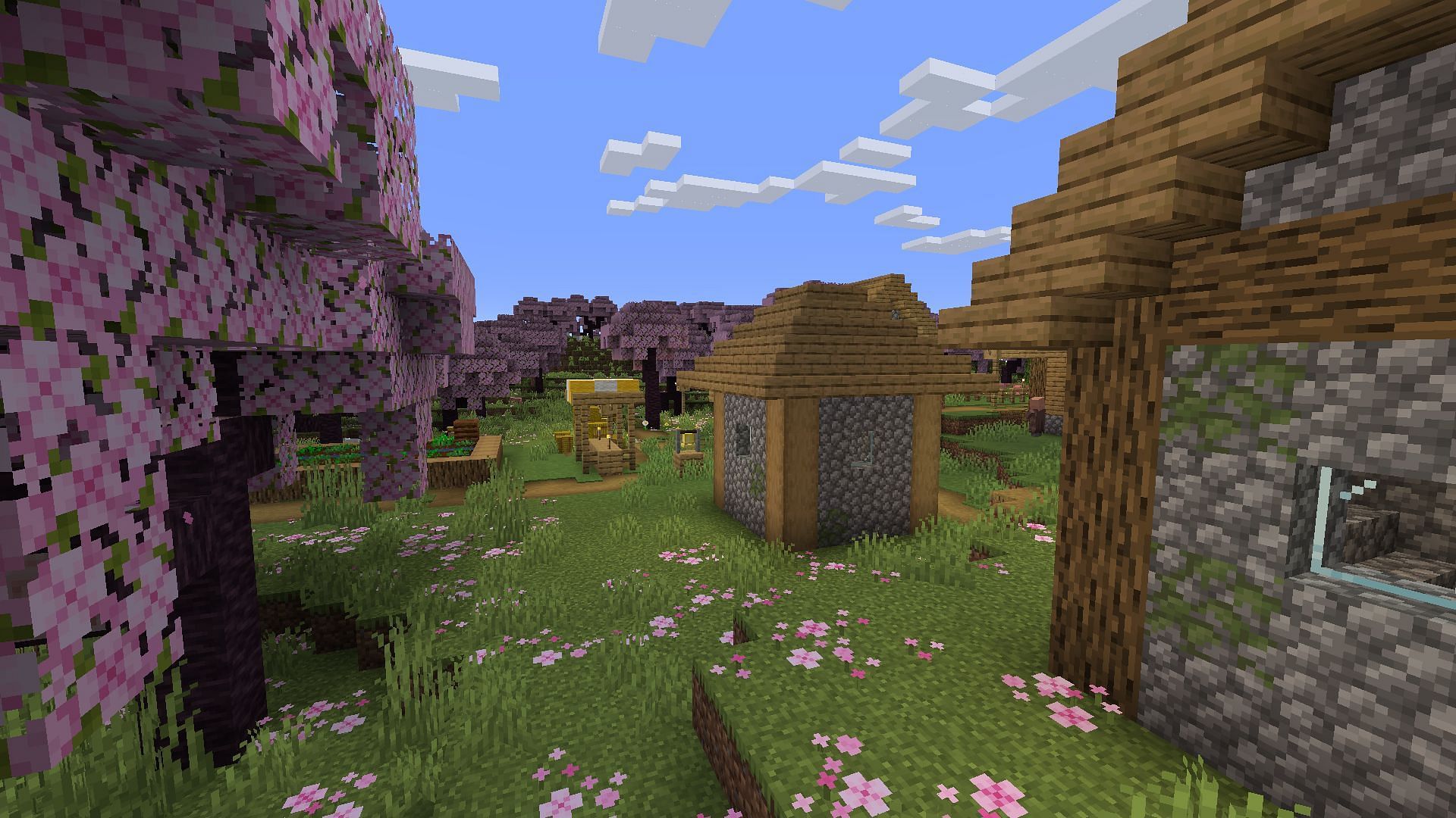 A village and a cherry grove biome at this Minecraft seed&#039;s spawn should set players up nicely (Image via Mojang)