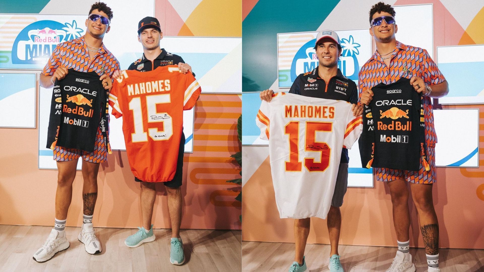 Patrick Mahomes with Max Verstappen and Sergio Perez at the 2023 Miami Grand Prix. (Image credit: Instagram.com/patrickmahomes)