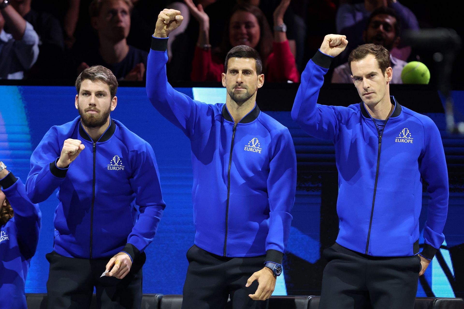 Cameron Norrie(left), Novak Djokovic(center) and Andy Murray(right) at the 2022 Laver Cup