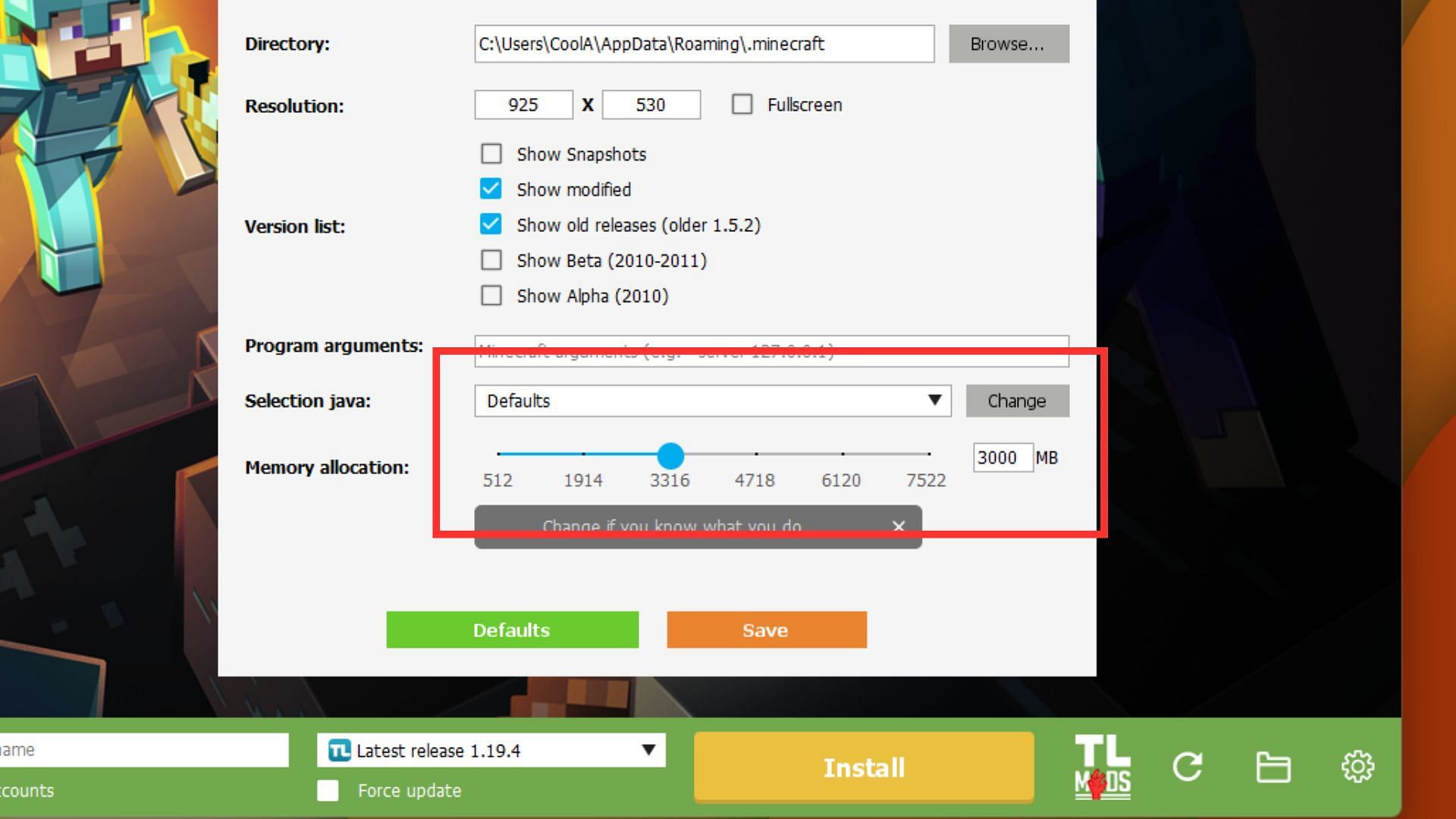 Changing memory allocation in TLauncher (Image via Sportskeeda)