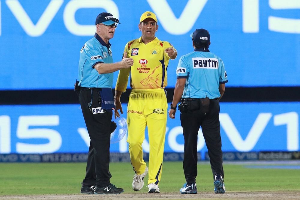 MS Dhoni having an animated chat with umpires. (Pic: BCCI)