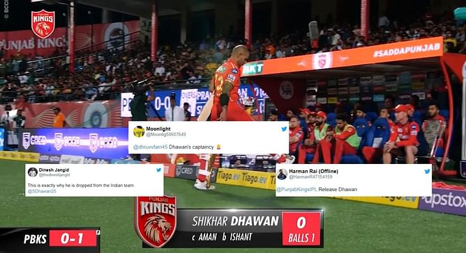"This is exactly why he is dropped from the Indian team" - Fans erupt as Shikhar Dhawan gets out for a golden duck in PBKS vs DC