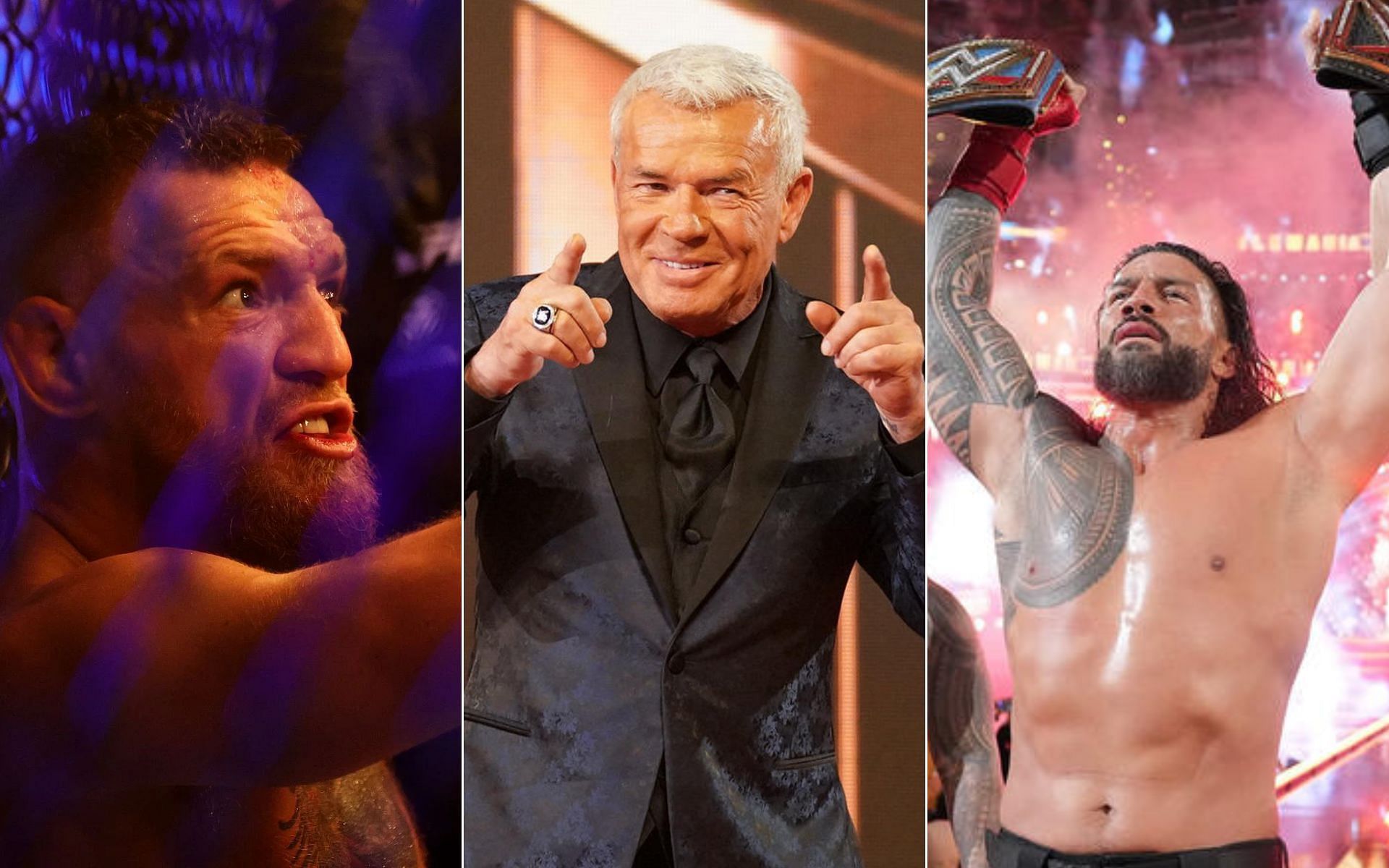 Conor McGregor [Left], Eric Bischoff [Middle], and Roman Reigns [Right] [Photo credit: wwe.com] 
