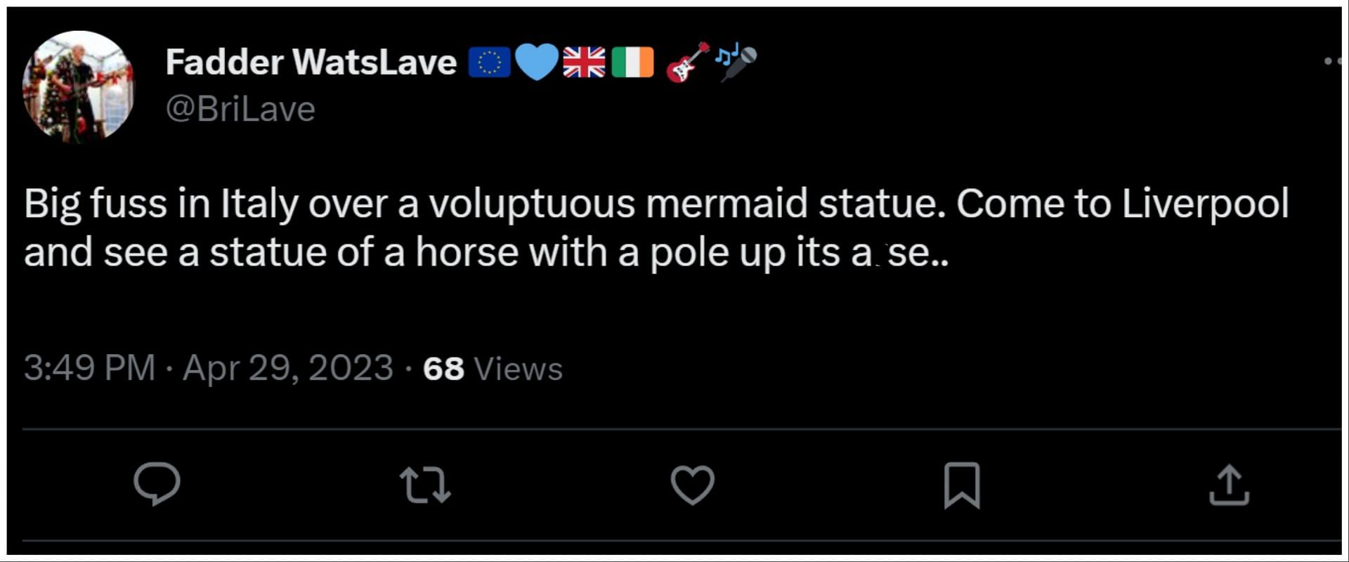One person compared a Liverpool statue to the creature&#039;s statue in Italy (Image via Twitter/BriLave)