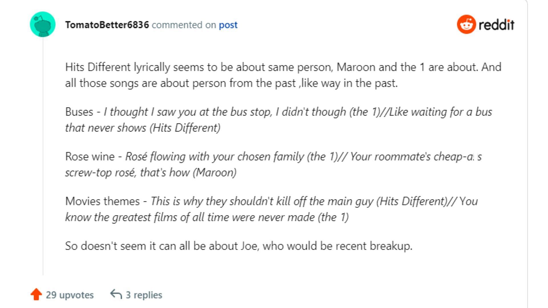 A comment reacting to the Hits Different lyrics (Image via Reddit/@TomatoBetter6836)