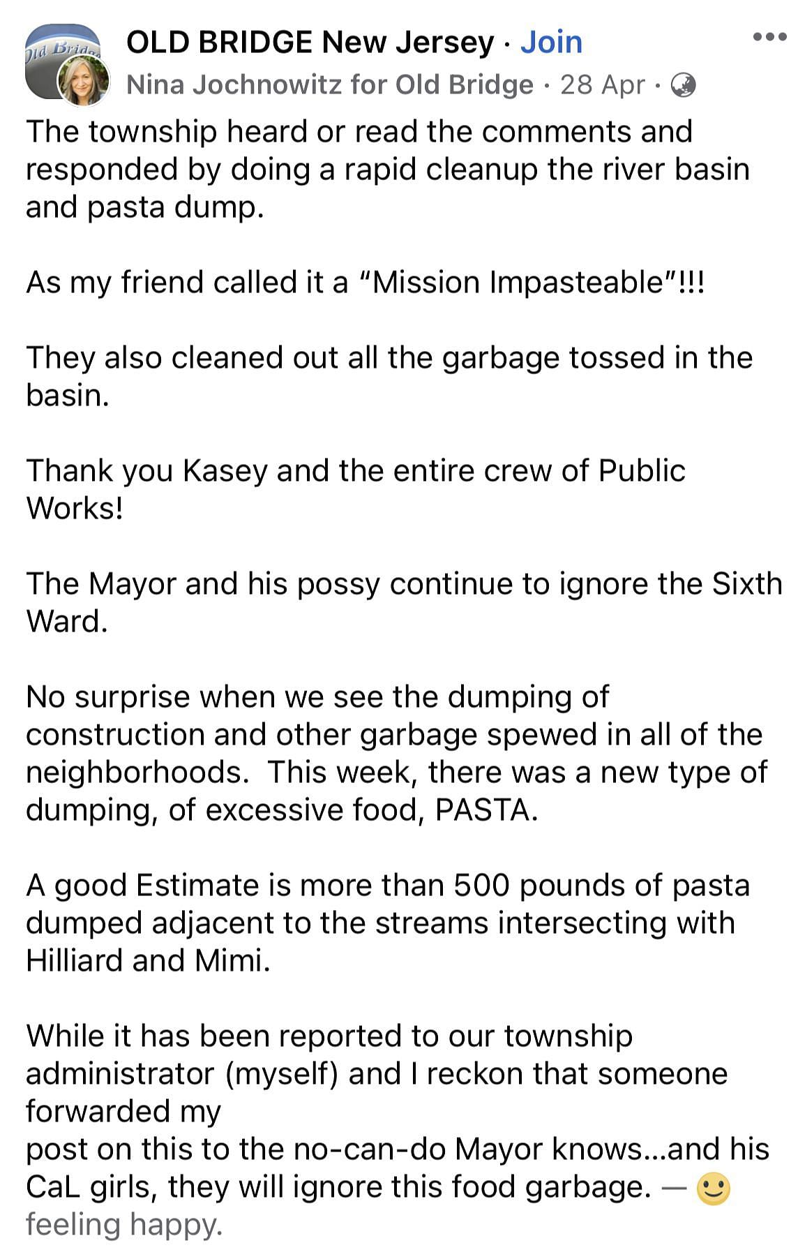 Nina Jochnowitz posted on Facebook about the noodle dump (Image via Facebook)