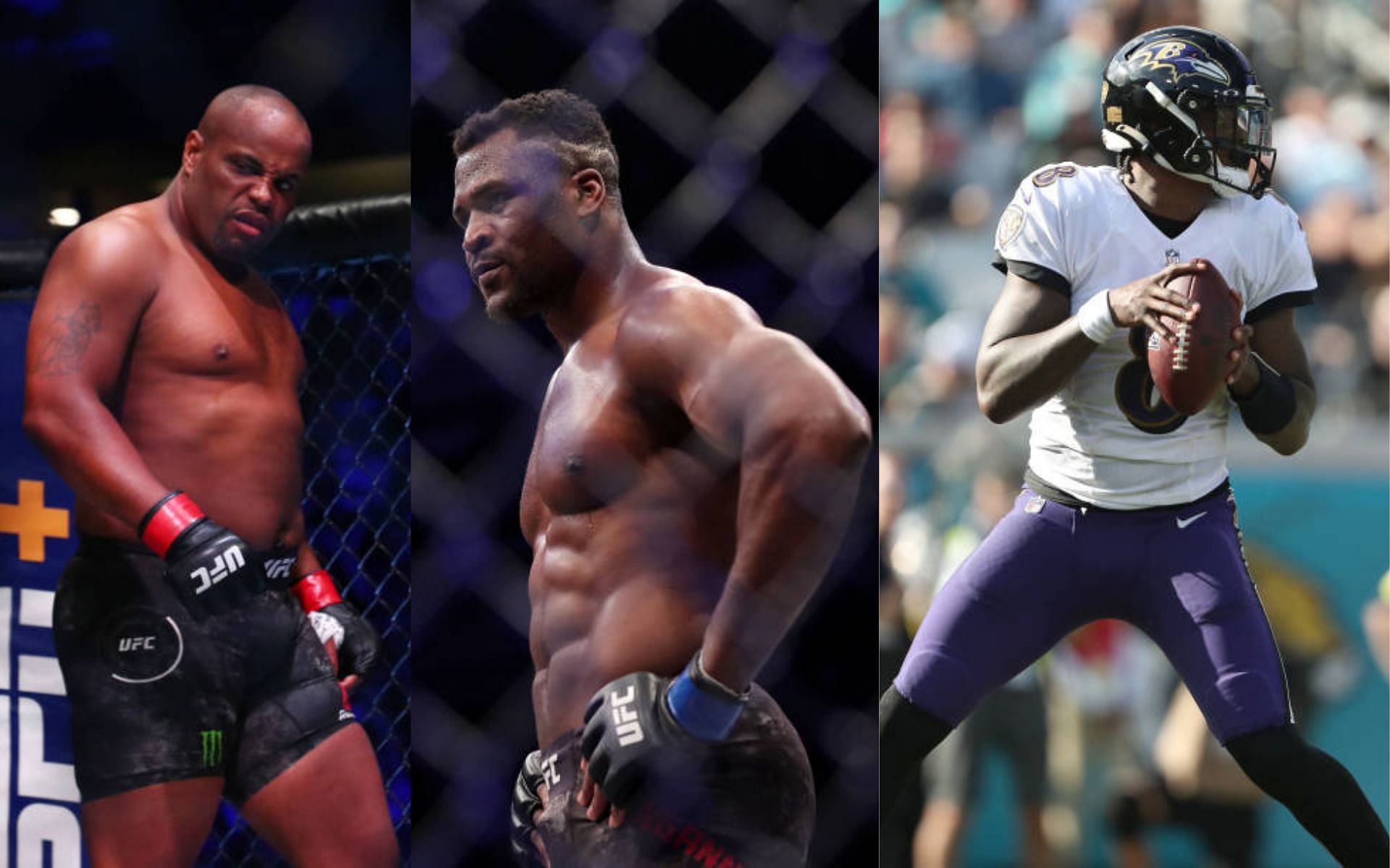 From left to right: Daniel Cormier, Francis Ngannou, and Lamar Jackson