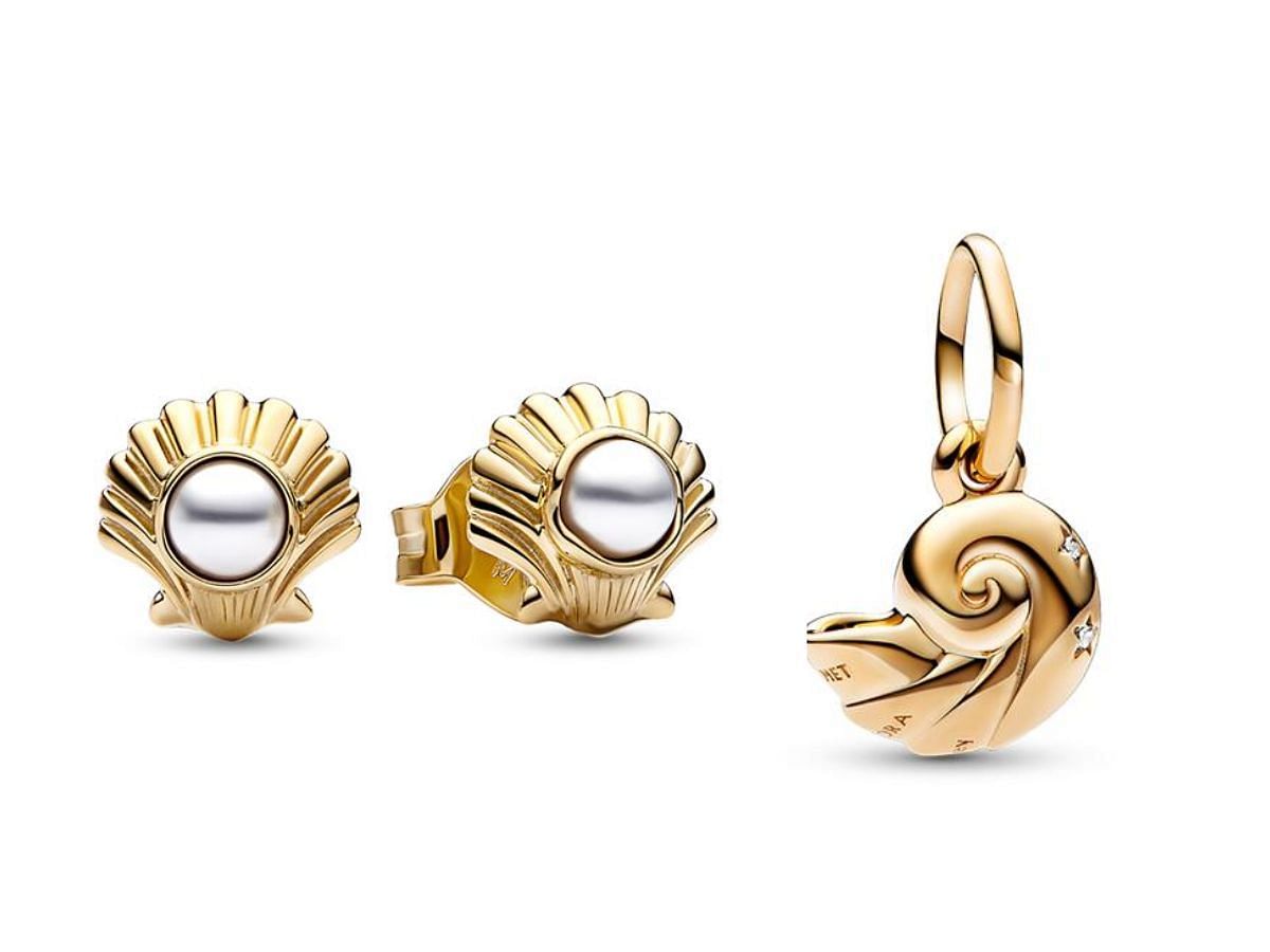 Stud earrings and shell charm from Pandora x The Little Mermaid collection (Image via National Jeweler)