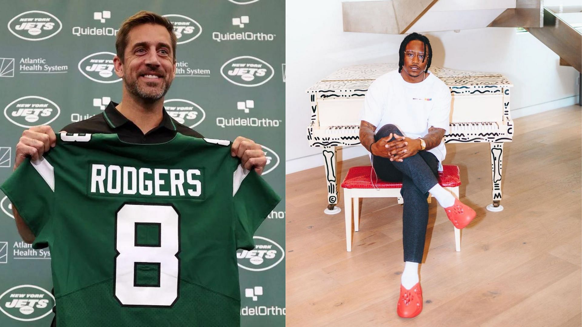 QB Aaron Rodgers (L) could get another offensive piece in former Jets WR Brandon Marshall (R)