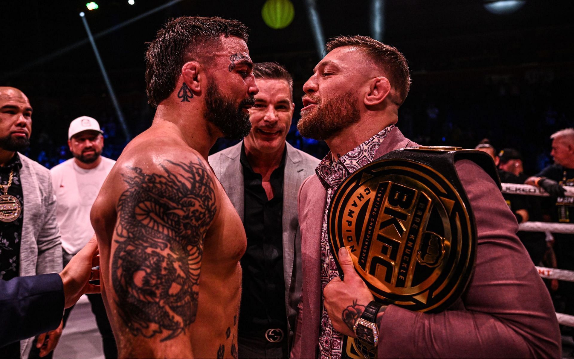 Mike Perry and Conor McGregor face off at BKFC 41. [via Twitter @MMAFighting]