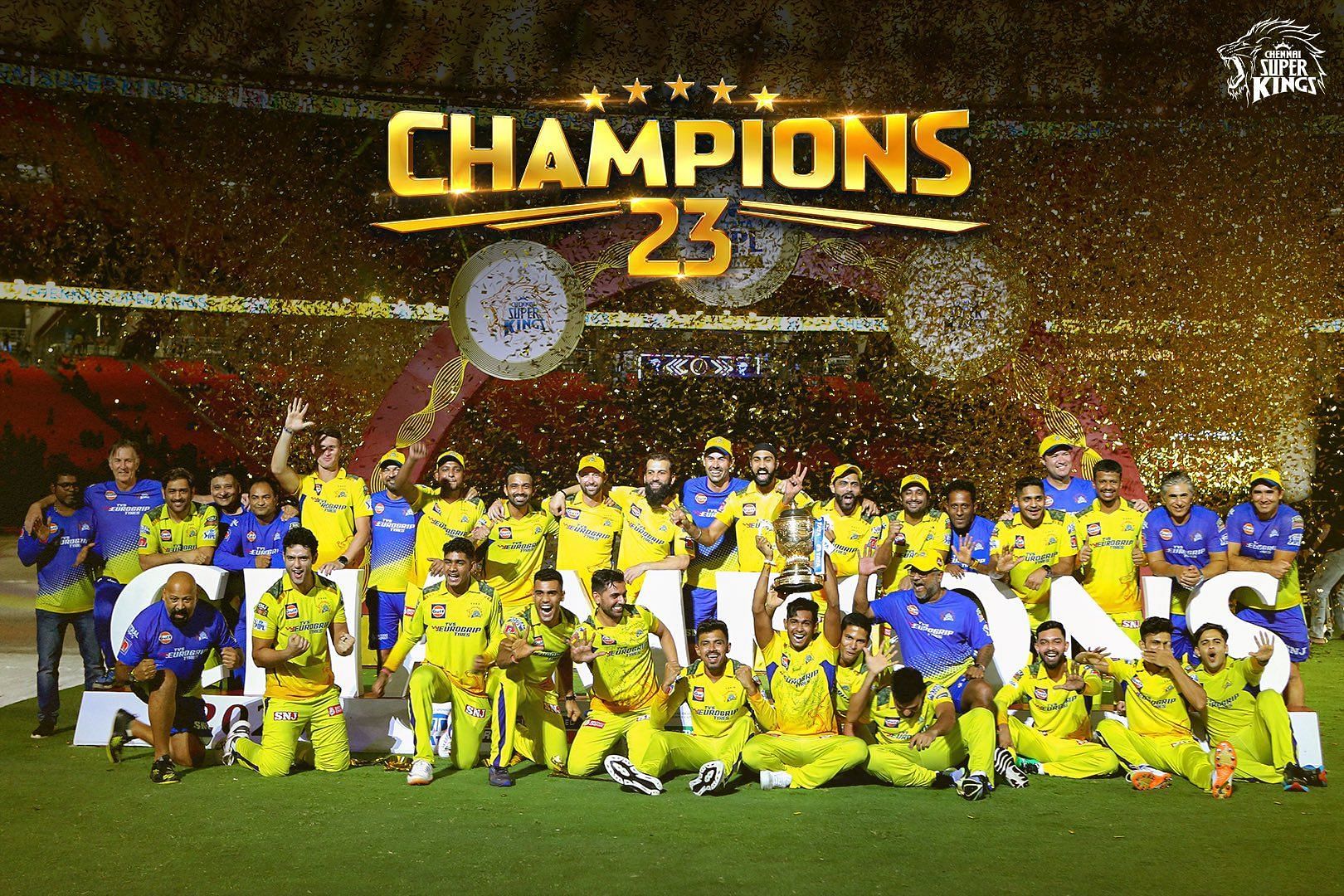 Team CSK celebrate after winning IPL 2023. (Pic: @ChennaiIPL/ Twitter)
