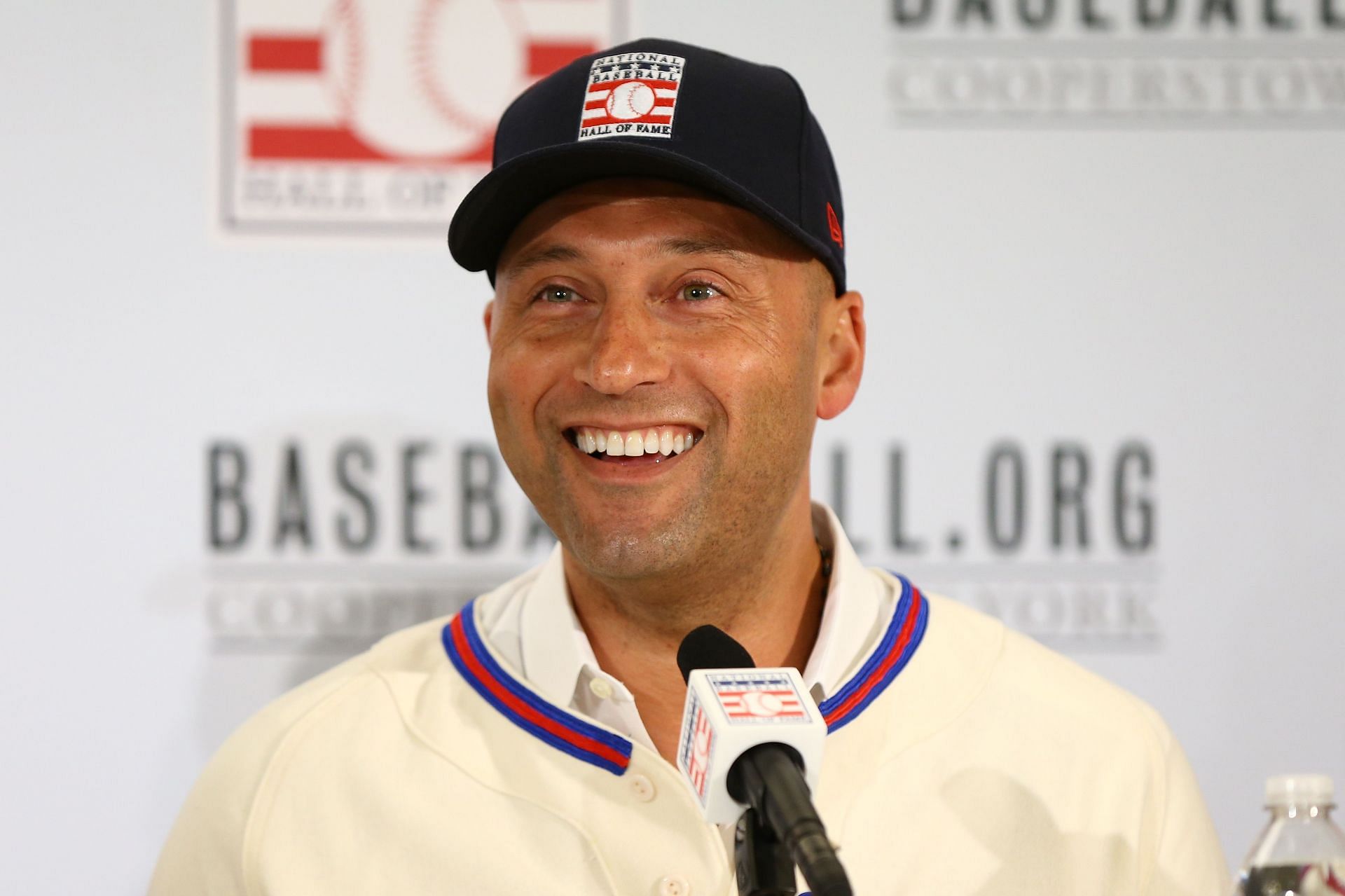 Derek Jeter speaks to the media after being elected into the National Baseball Hall of Fame Class of 2020 on January 22, 2020 at the St. Regis Hotel in New York City. The National Baseball Hall of Fame induction ceremony will be held on Sunday, July 26, 2020 in Cooperstown, NY. (Photo by Mike Stobe/Getty Images)