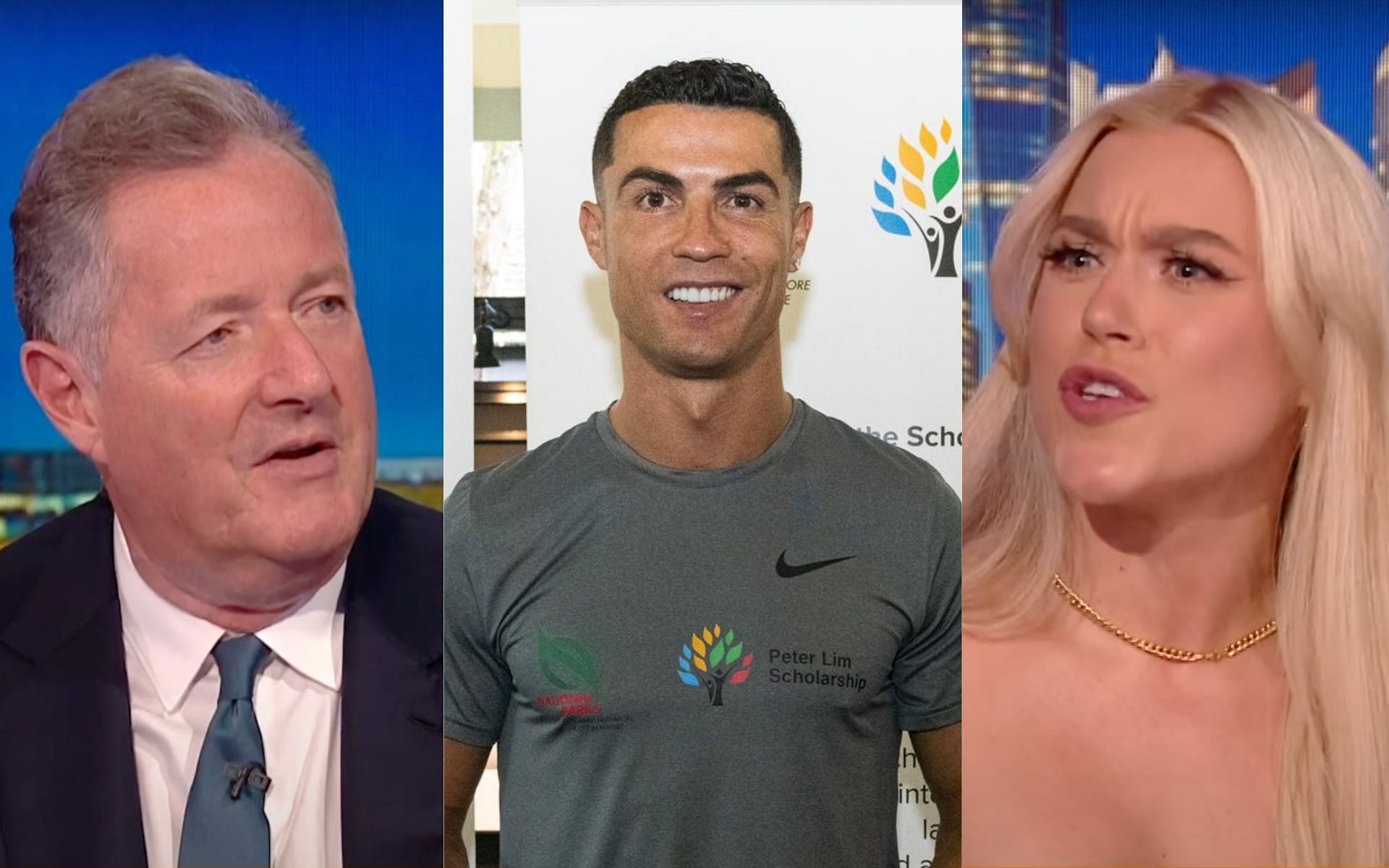 Piers Morgan [Left] Cristiano Ronaldo [Center] Elle Brooke [Right] [Images courtesy: @Cristiano (Twitter) and Piers Morgan Uncensored (YouTube)]