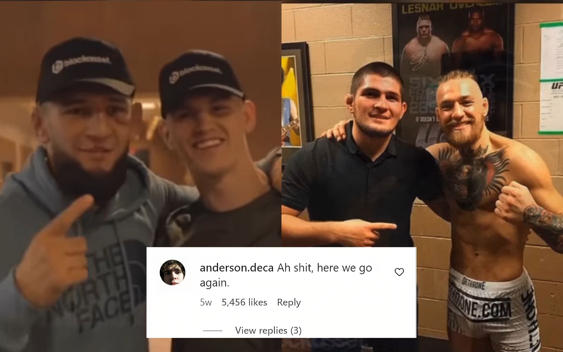 Khamzat Chimaev with Ian Garry (left) and Khabib Nurmagomedov with Conor McGregor (right) (Image credits @the_goodfilms on Instagram)