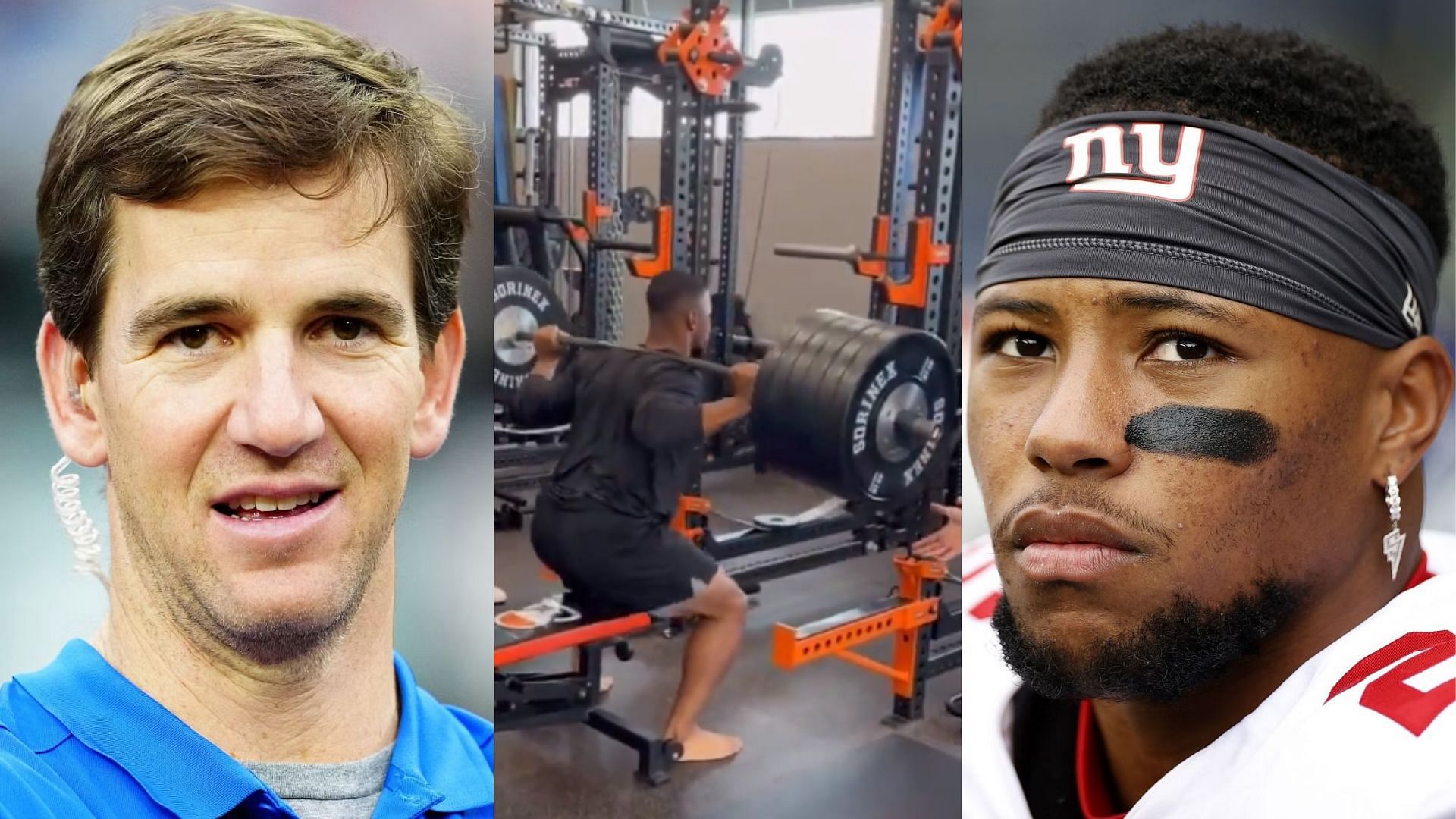 Former NFL quarterback Eli Manning joked that he can do the same 585-pound squat that New York Giants running back Saquon Barkley pulled off. (Image credit: Saquon Barkley/Twitter)