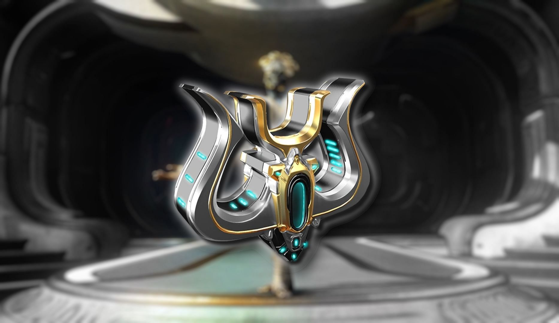 An Umbra Forma in Warframe on the foreground with a blurred background