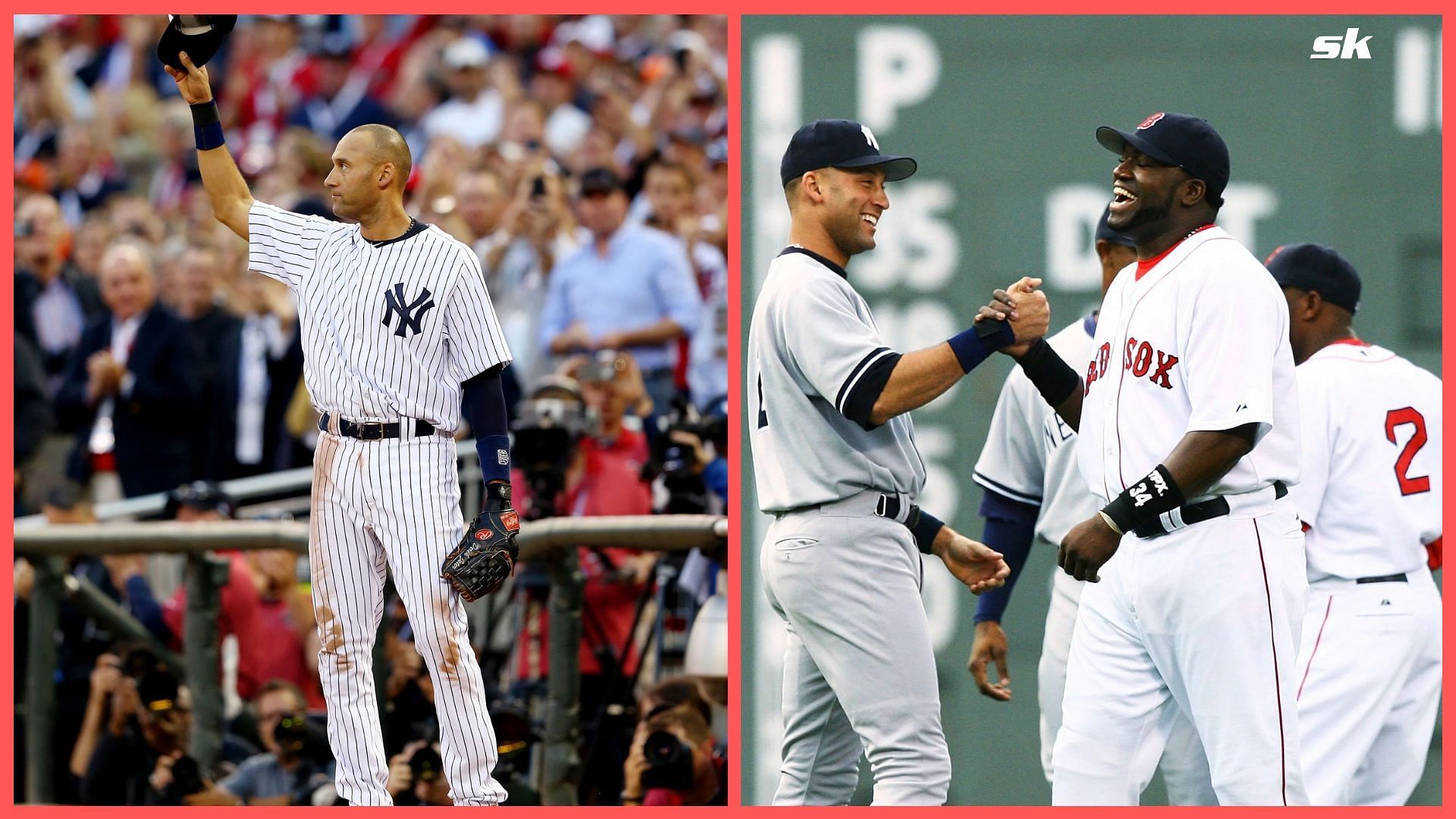 Former captain of the New York Yankees Derek Jeter and David Ortiz sporting their New York Yankees and Boston Red Sox jerseys at an event.