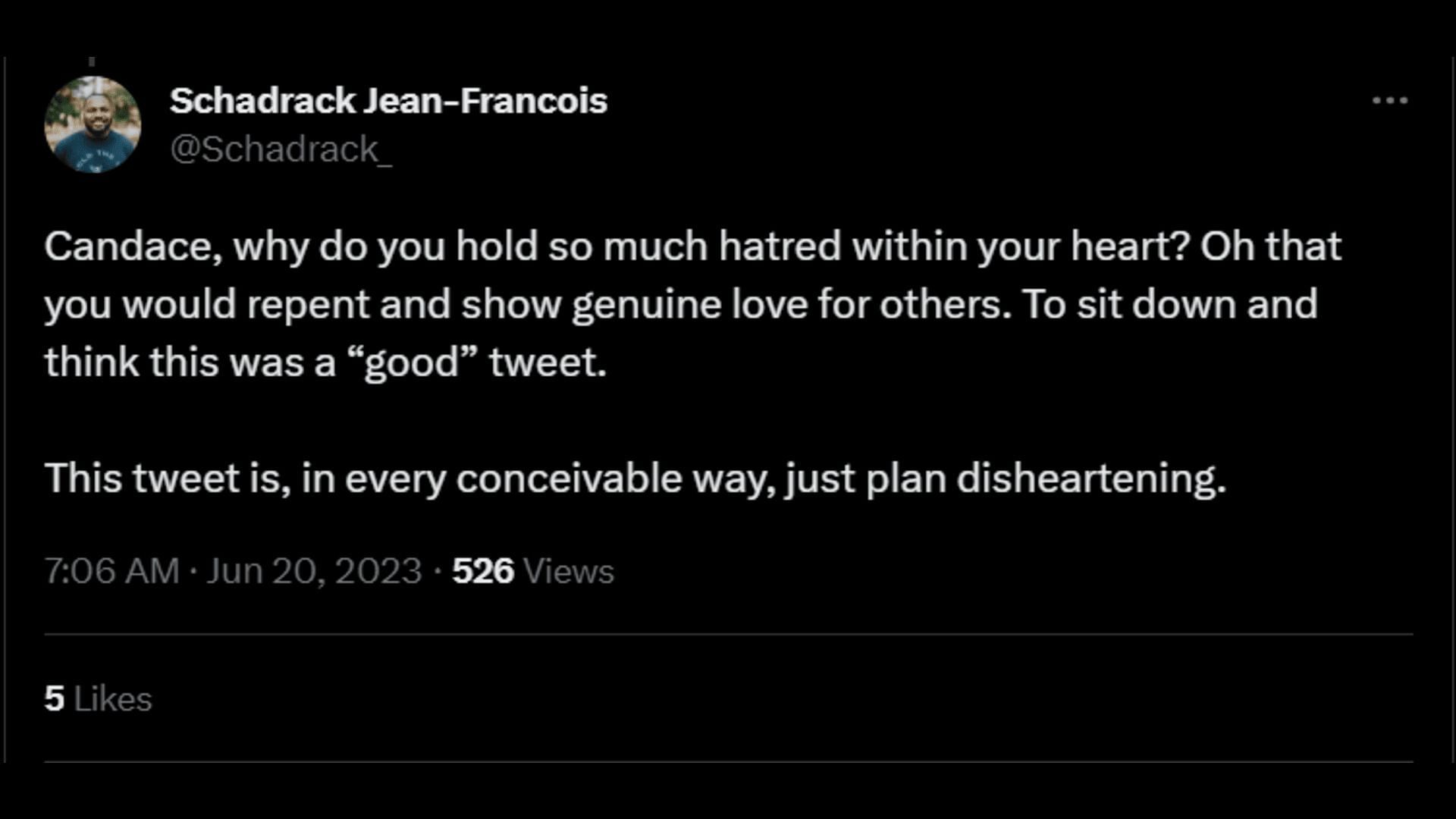 A Twitter user shares his disappointment in response to Candace&#039;s post. (Image via Twitter/Schadrack Jean-Francois)