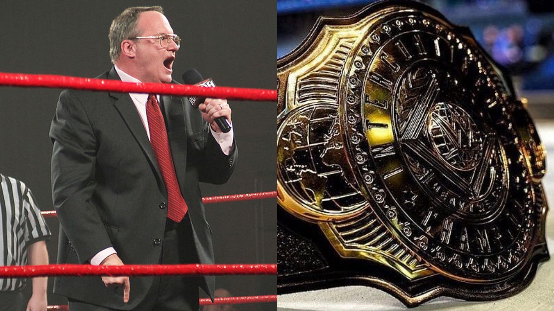 Jim Cornette (left), WWE Intercontinental Championship belt (right)