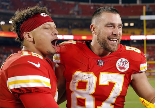 Travis Kelce and Patrick Mahomes during Las Vegas Raiders v Kansas City Chiefs