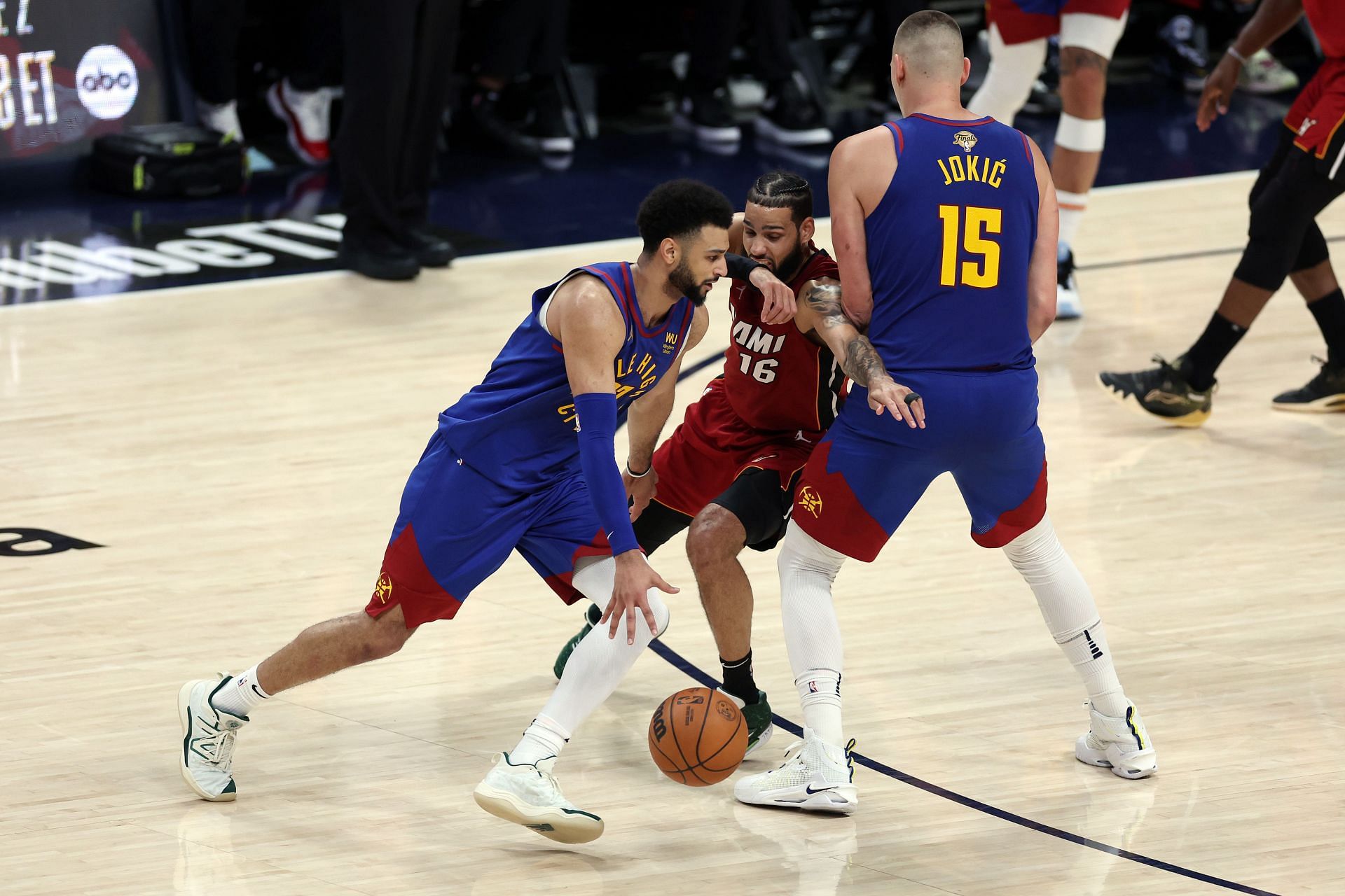 Jamal Murray and Nikola Jokic of the Denver Nuggets against the Miami Heat.