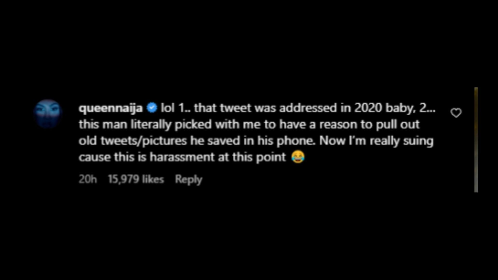 Screenshot of Queen Naija&#039;s comment on The Shade Room&#039;s post.