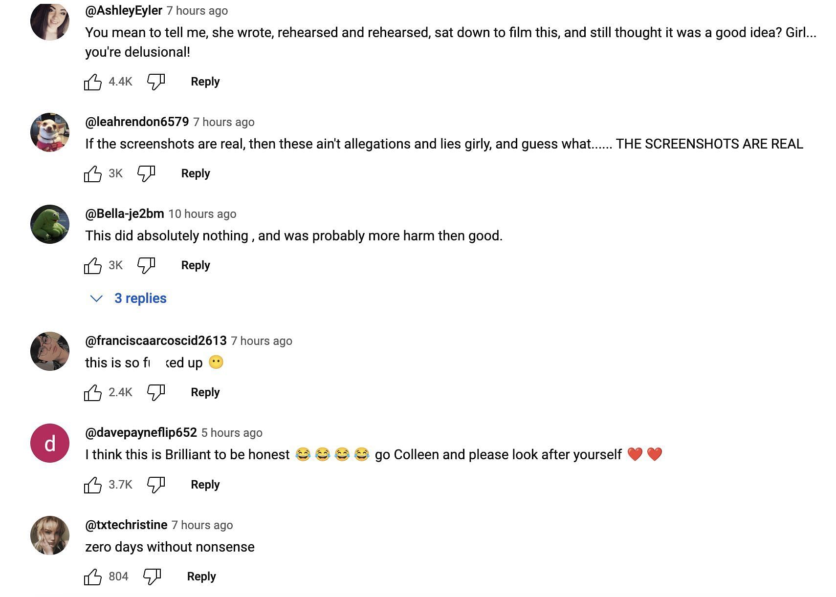 Netizens&#039; reaction to Colleen&#039;s clarification video (Image via @ColleenVlogs/YouTube)