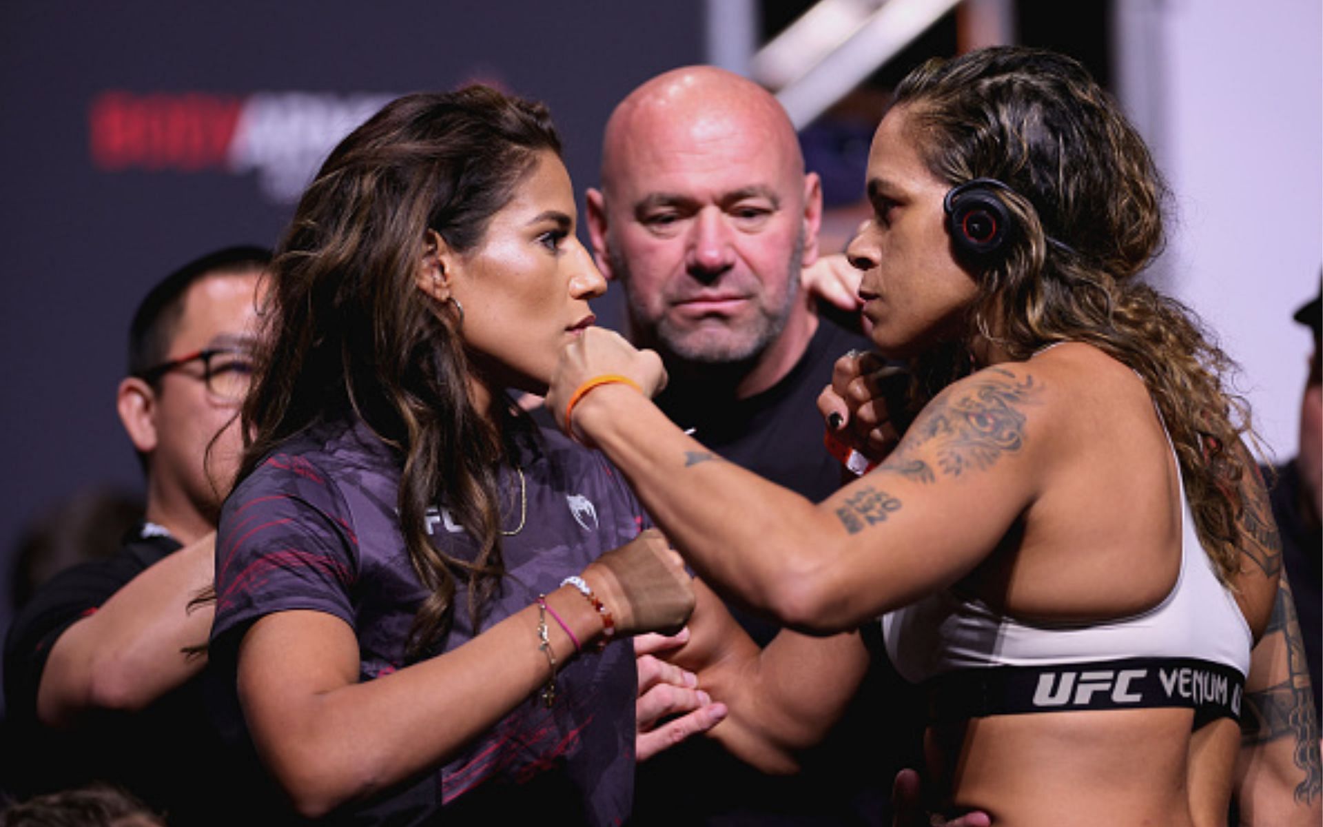 From left to right: Julianna Pena, Dana White and Amanda Nunes