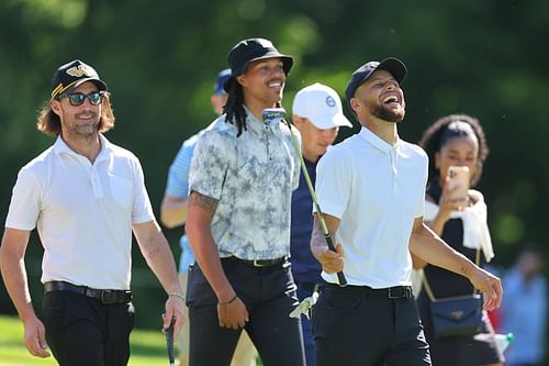 Stephen Curry with musician Jake Owen and Damion Lee at the Memorial Tournament Pro-Am