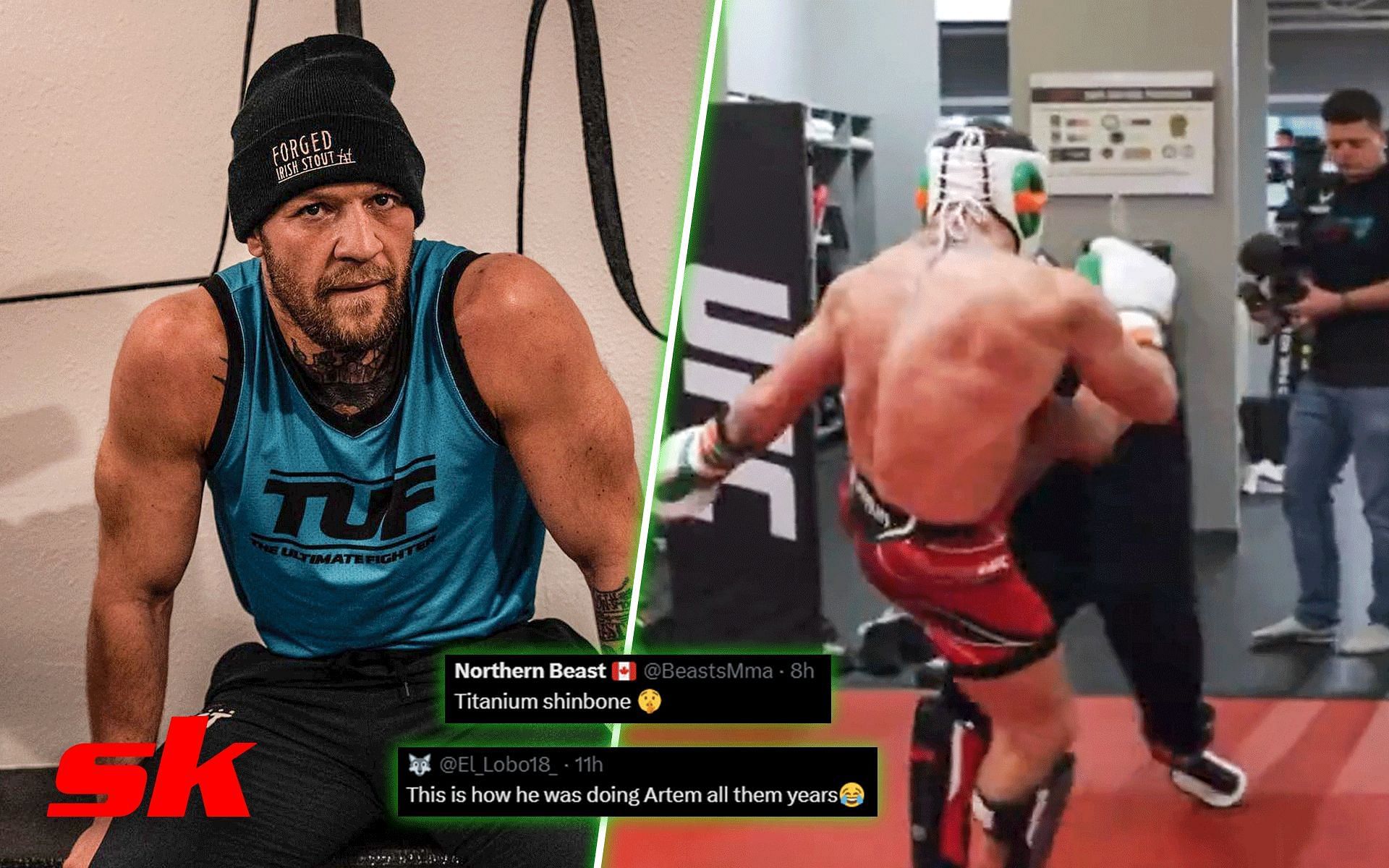Conor McGregor (left) and sparring image (right) [Image credits: @thenotoriousmma on Instagram and @BenTheBaneDavis on Twitter] 
