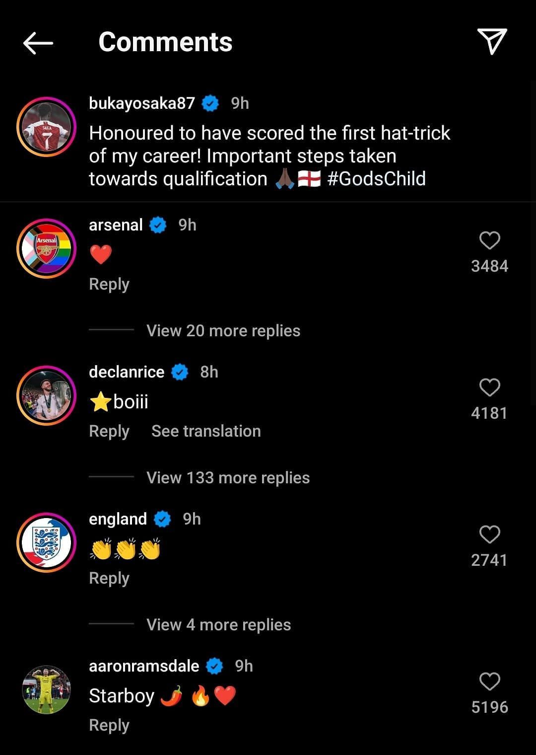Comments by Declan Rice and Aaron Ramsdale on Bukayo Saka&#039;s Instagram post.
